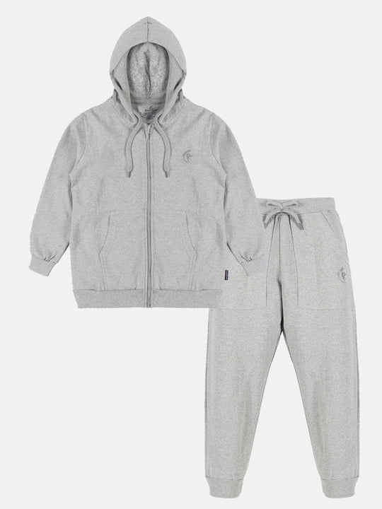 Solid Full Sleeve Zip Front Open Hooded Sweatshirt  & Fleece Track Pant Set