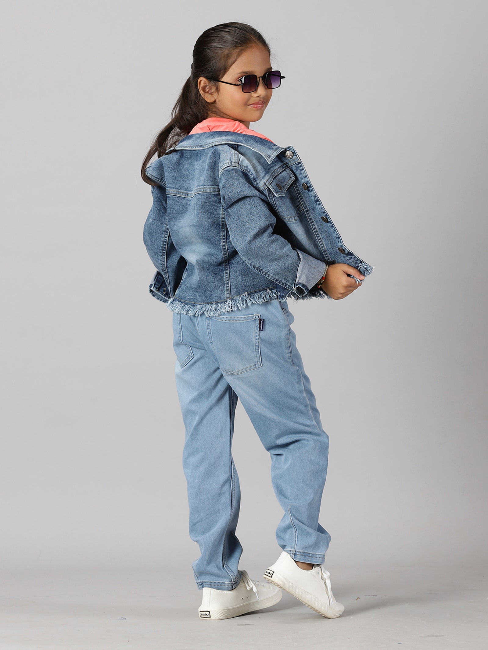 Girls Solid Tee & Denim Jacket & Denim Pant Set