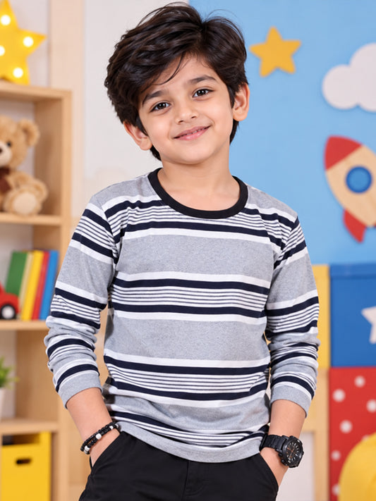 Kiddopanti Boys Cotton Knit Classic Horizontal Striped Full Sleeve T-Shirt