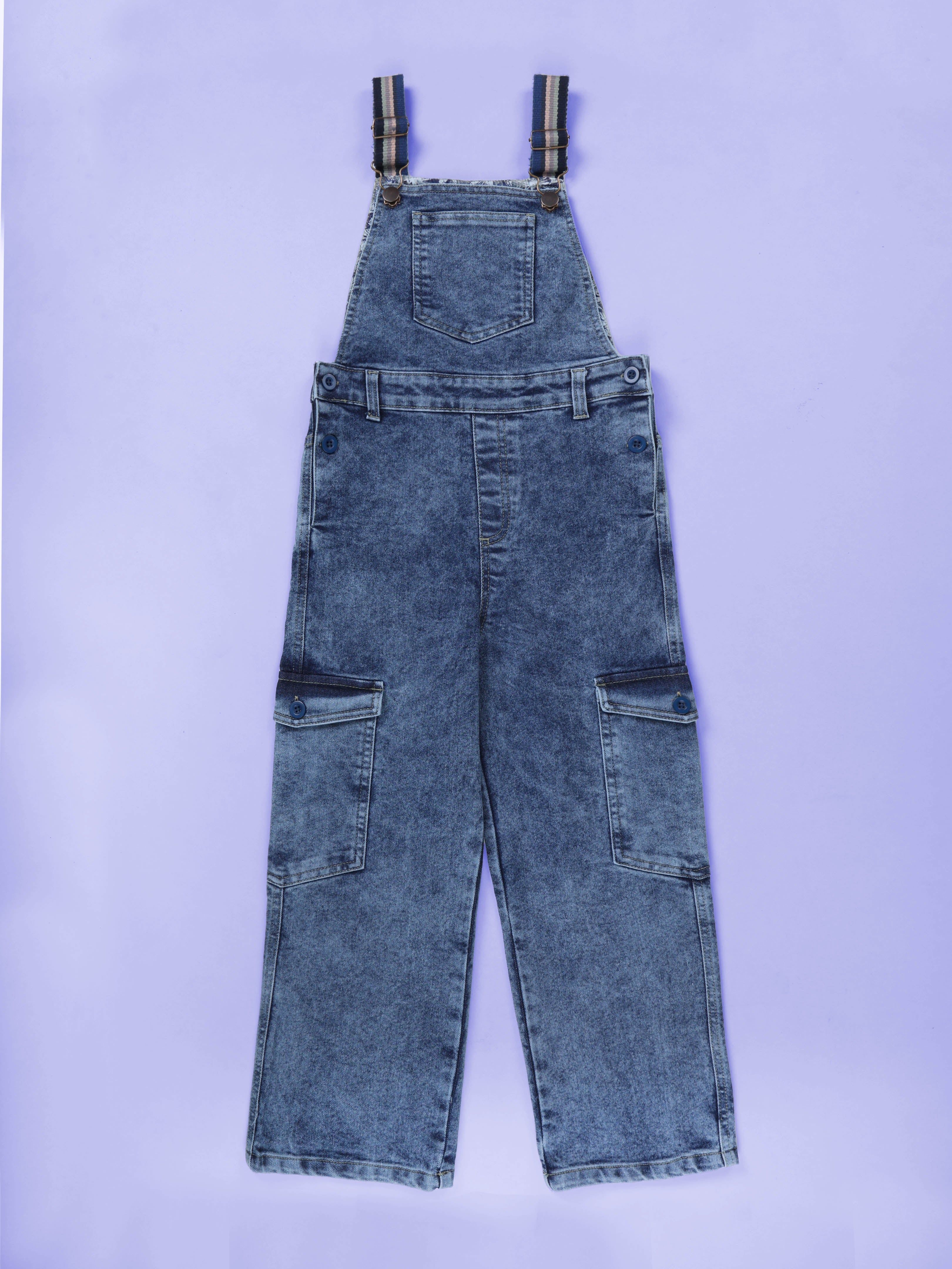 Kiddopanti Boys Denim Dungarees with Multi-Color Contrast Straps & Utility Pockets