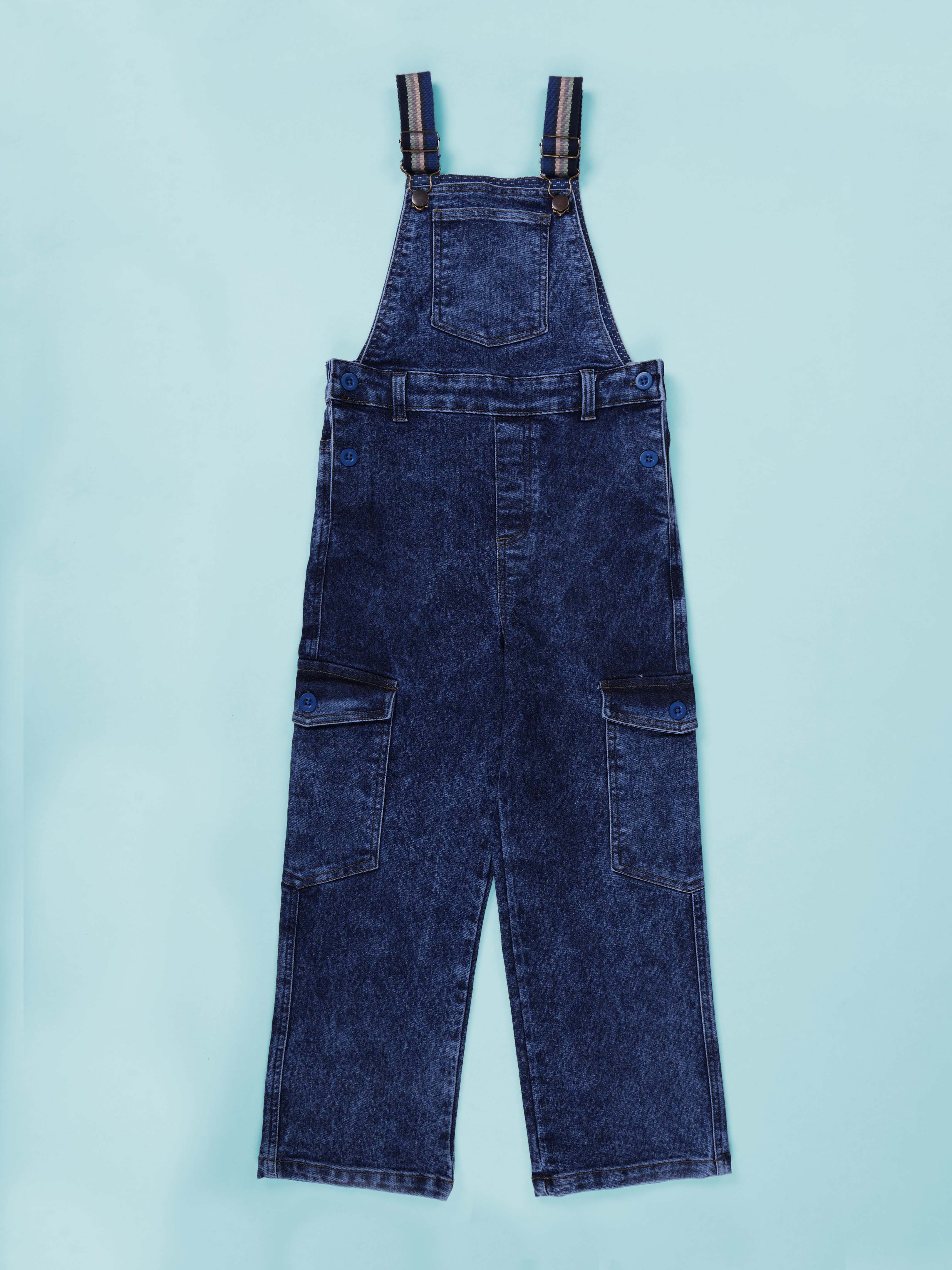 Kiddopanti Boys Denim Dungarees with Multi-Color Contrast Straps & Utility Pockets