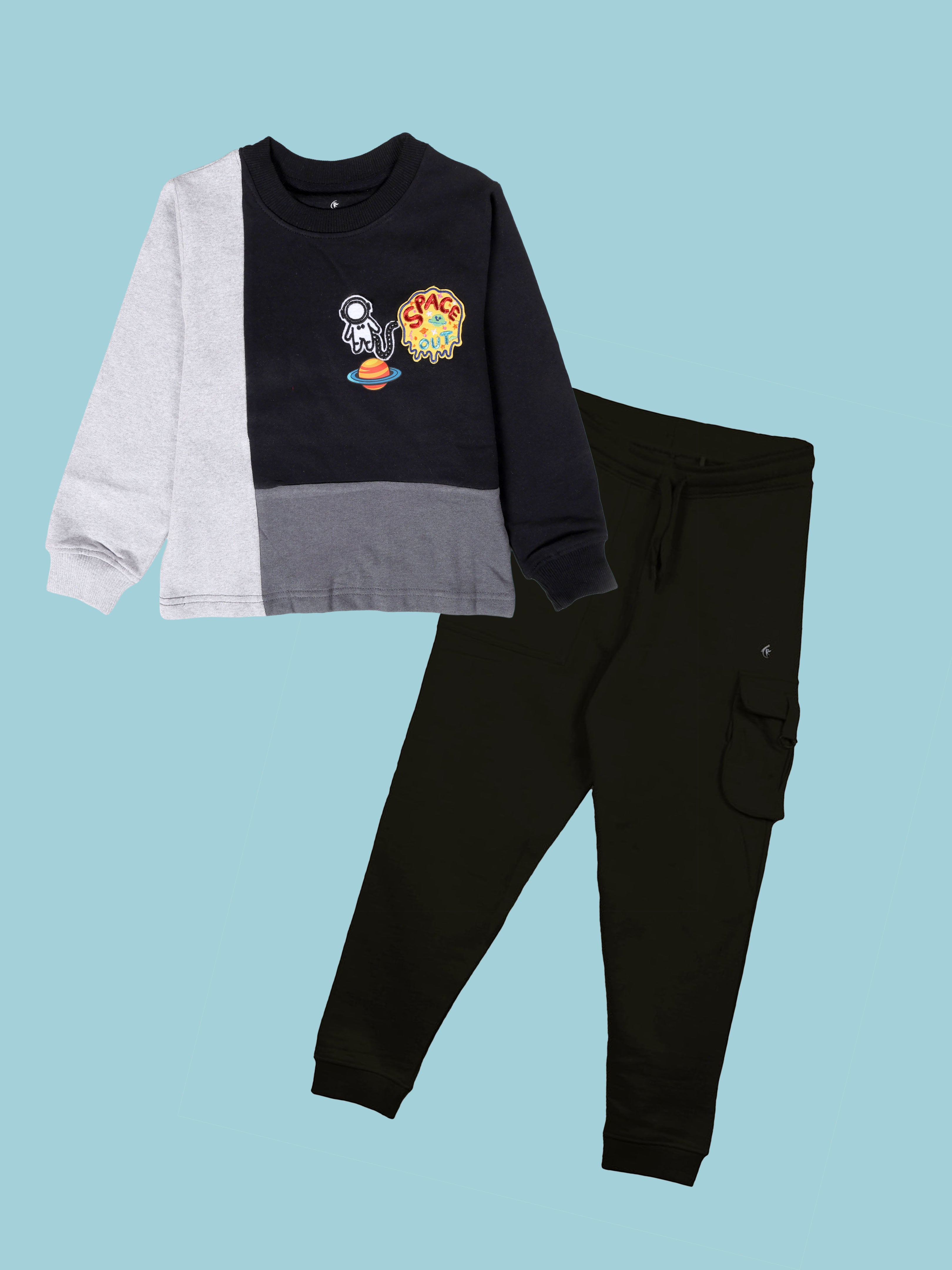 Boys Cotton Fleece Full Sleeves Cut And Sew Sweatshirts With Space themed Badges and Prints & Cargo Track Pant Set