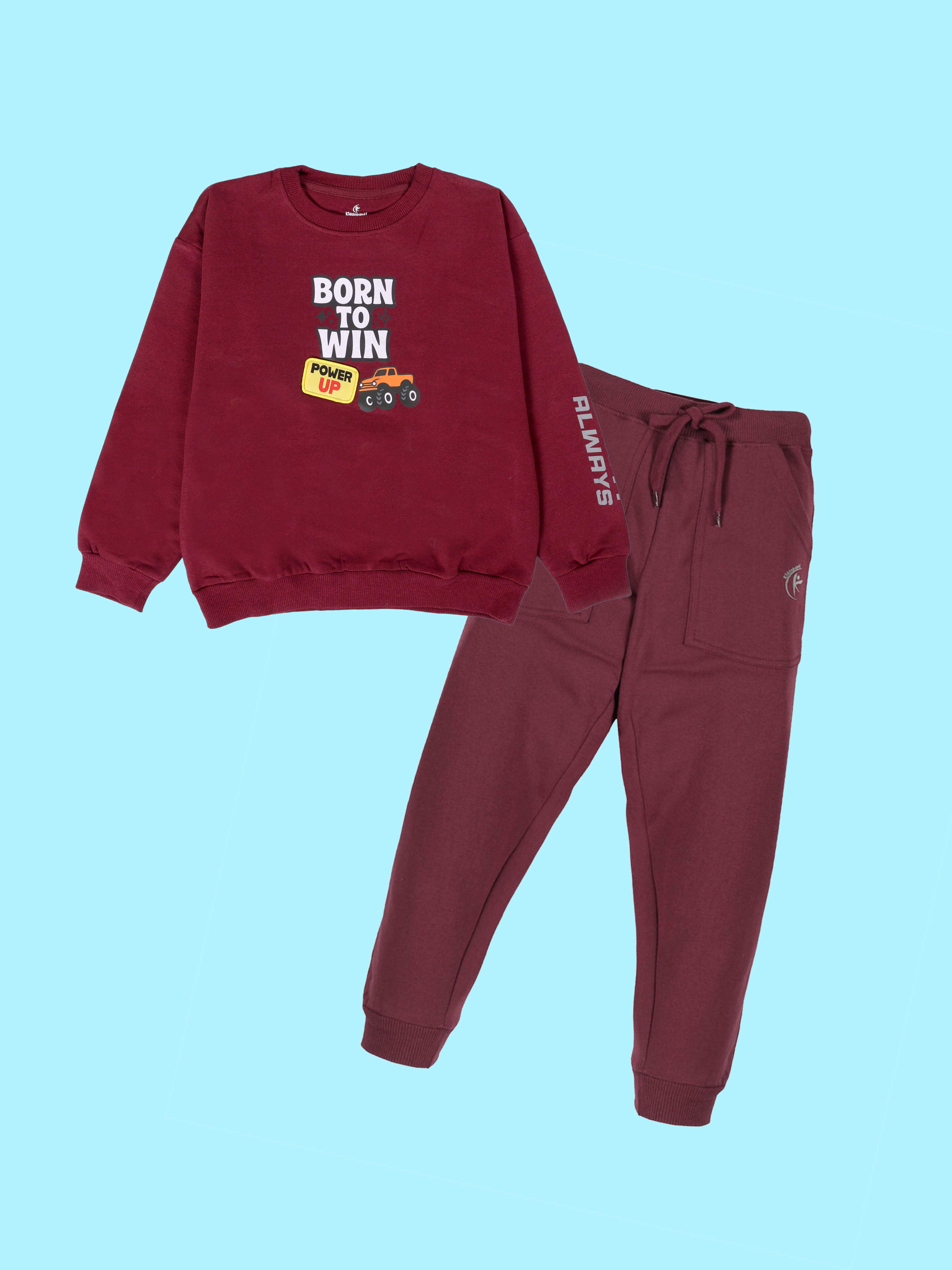 Boys Cotton Fleece Full Sleeves Born To Win Printed Round Neck Sweatshirt & Track Pant Set