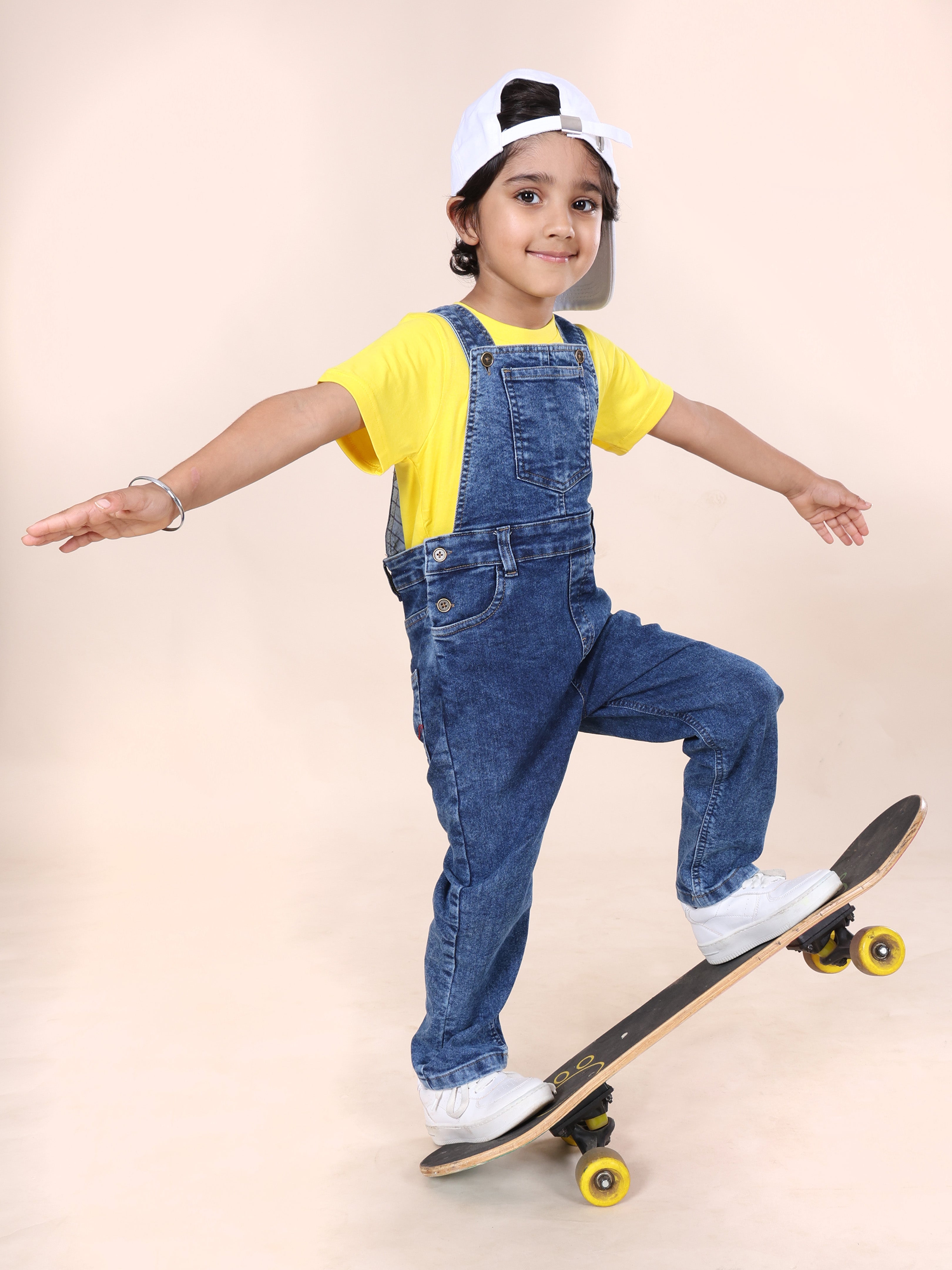 Kiddopanti Boys Graphic Printed Round Neck Tee With Full Length Denim Dungaree