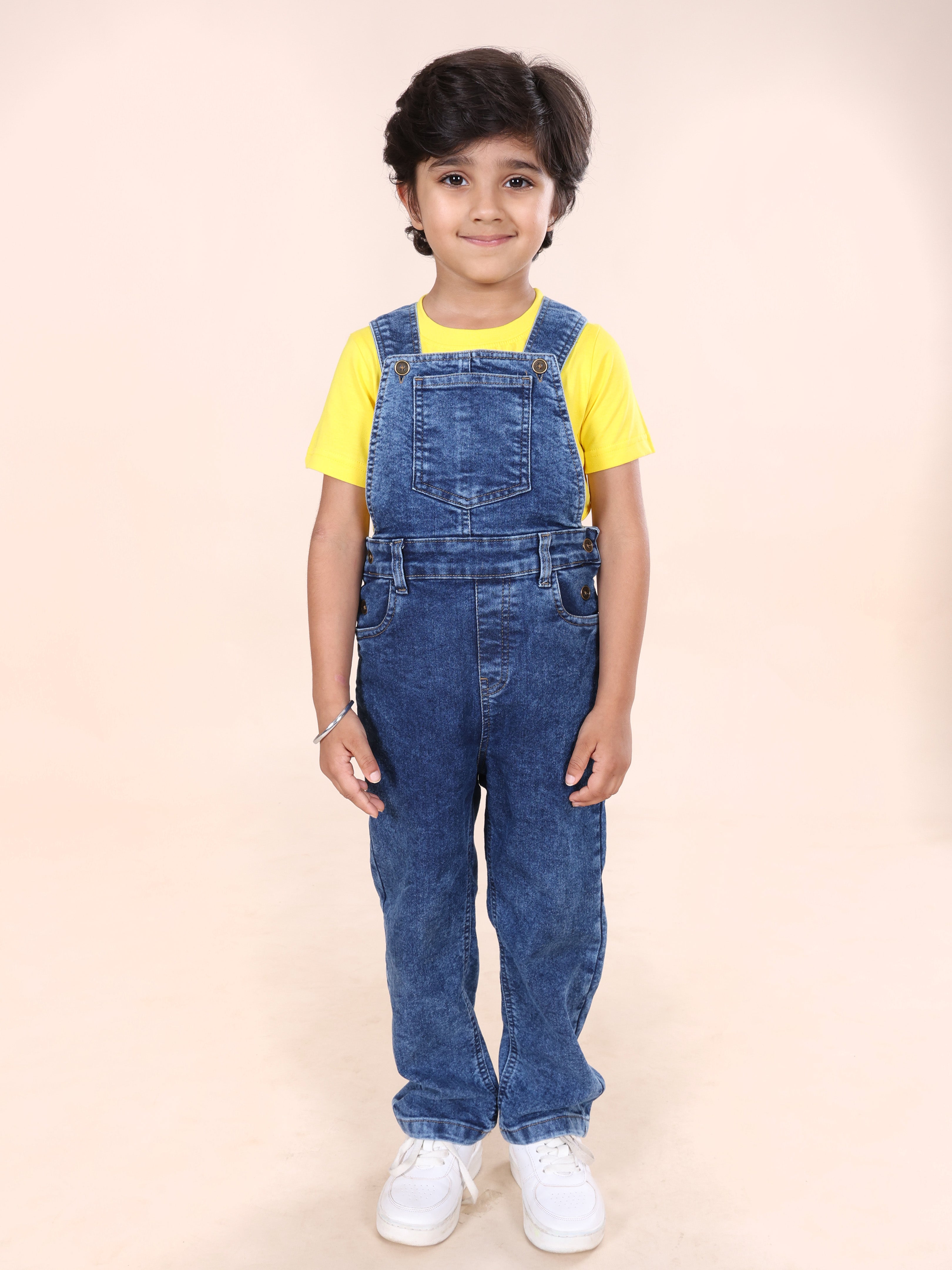 Kiddopanti Boys Graphic Printed Round Neck Tee With Full Length Denim Dungaree