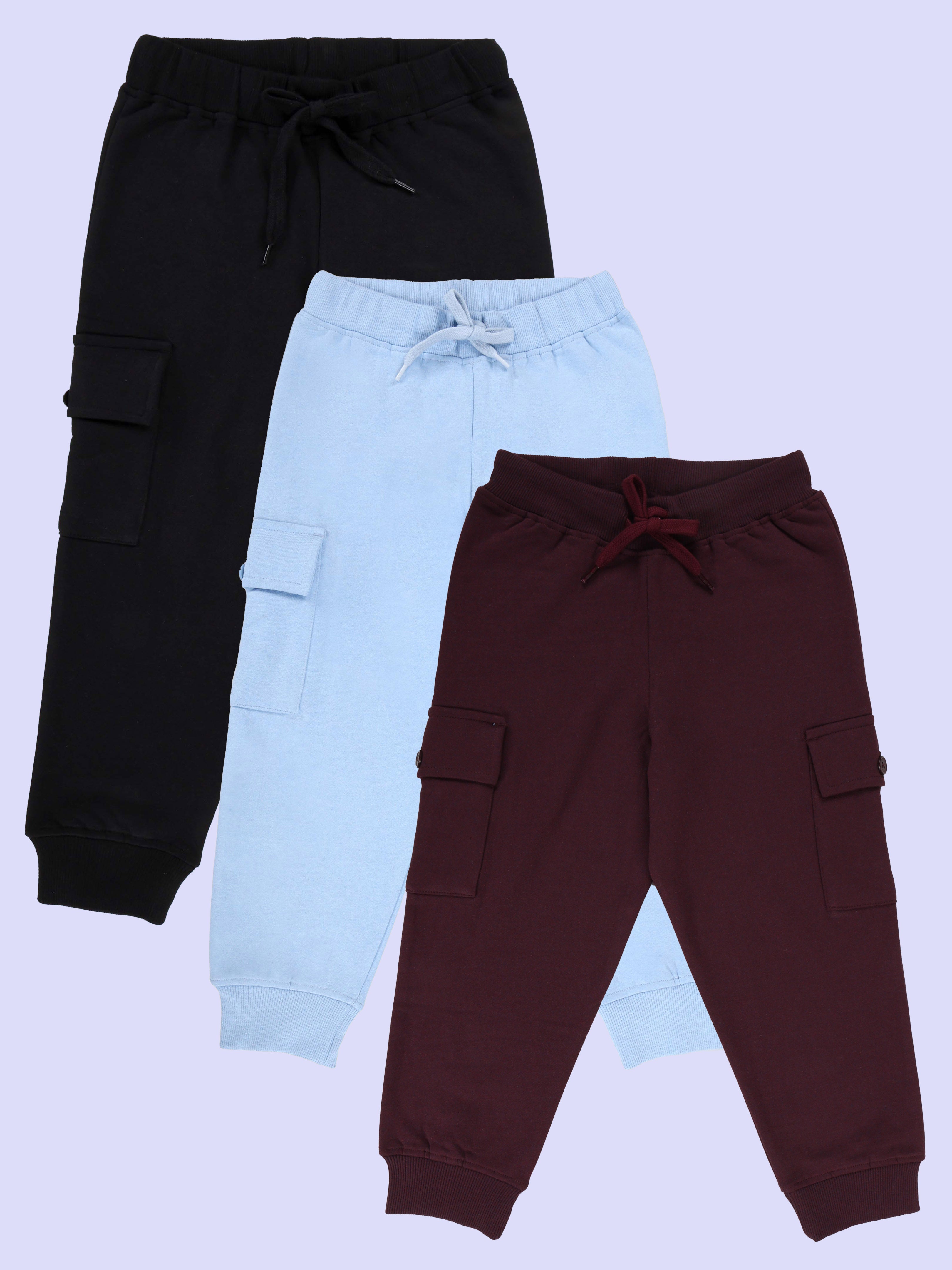 Kiddopanti Boys Fleece Solid Joggers Cargo Pocket Track Pants Pack of 3