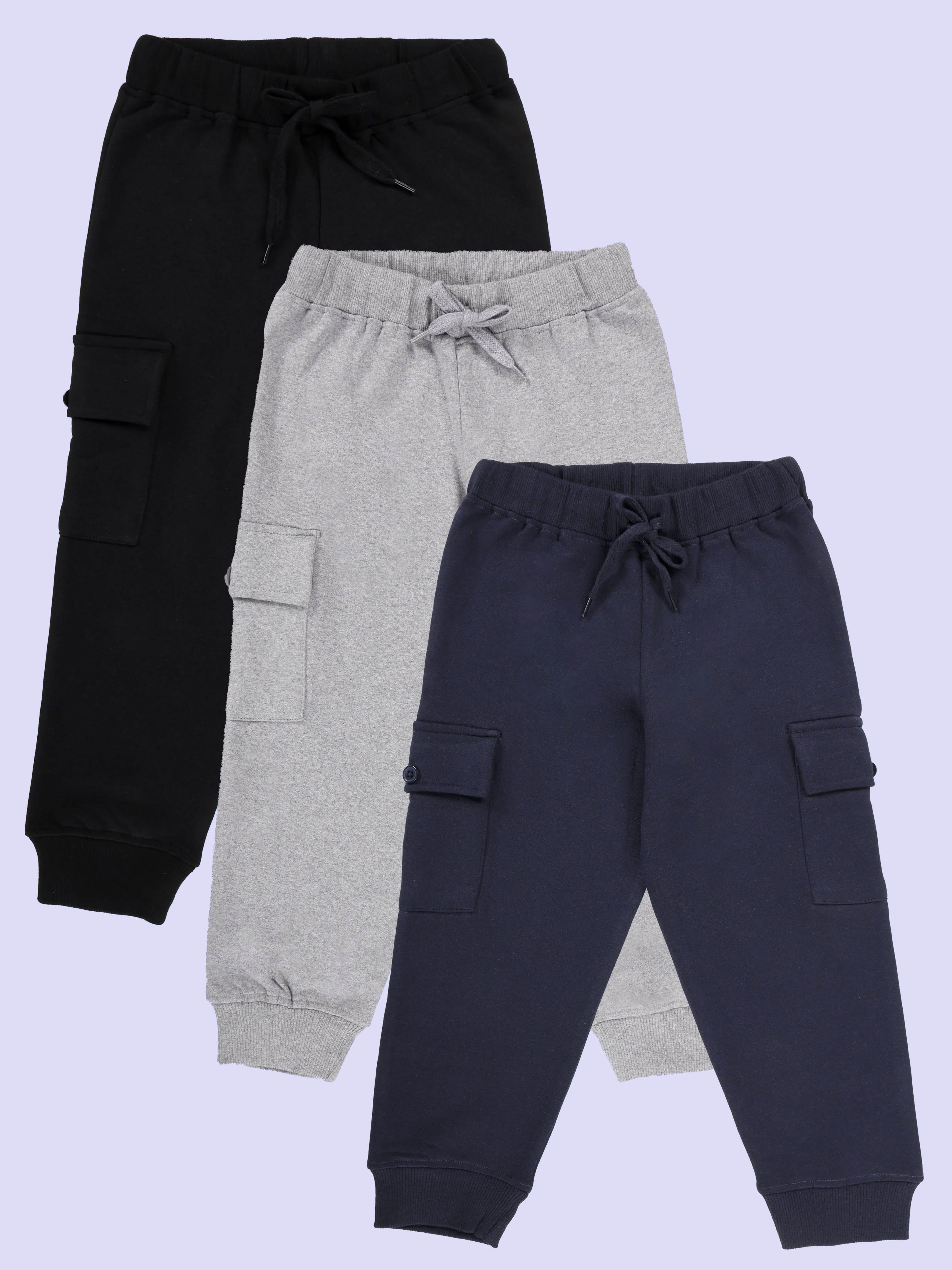 Kiddopanti Boys Fleece Solid Joggers Cargo Pocket Track Pants Pack of 3