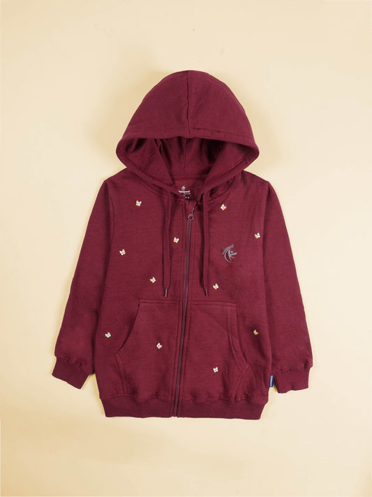 Girls Cotton Fleece Full Sleeves Zip Front Open Hooded Sweatshirt With Butterfly Beads