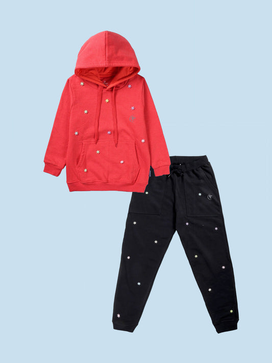 Girls Fleece Hooded Sweatshirt & Fleece Jogger With Flower Beads Co Ord Set