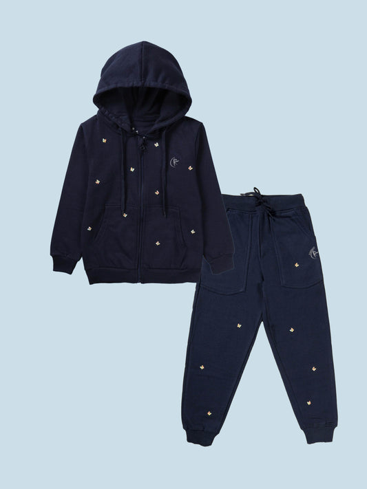 Girls Fleece Solid Zip Front Open Hooded Sweatshirt With Butterfly Beads & Fleece Jogger Co Ord Set