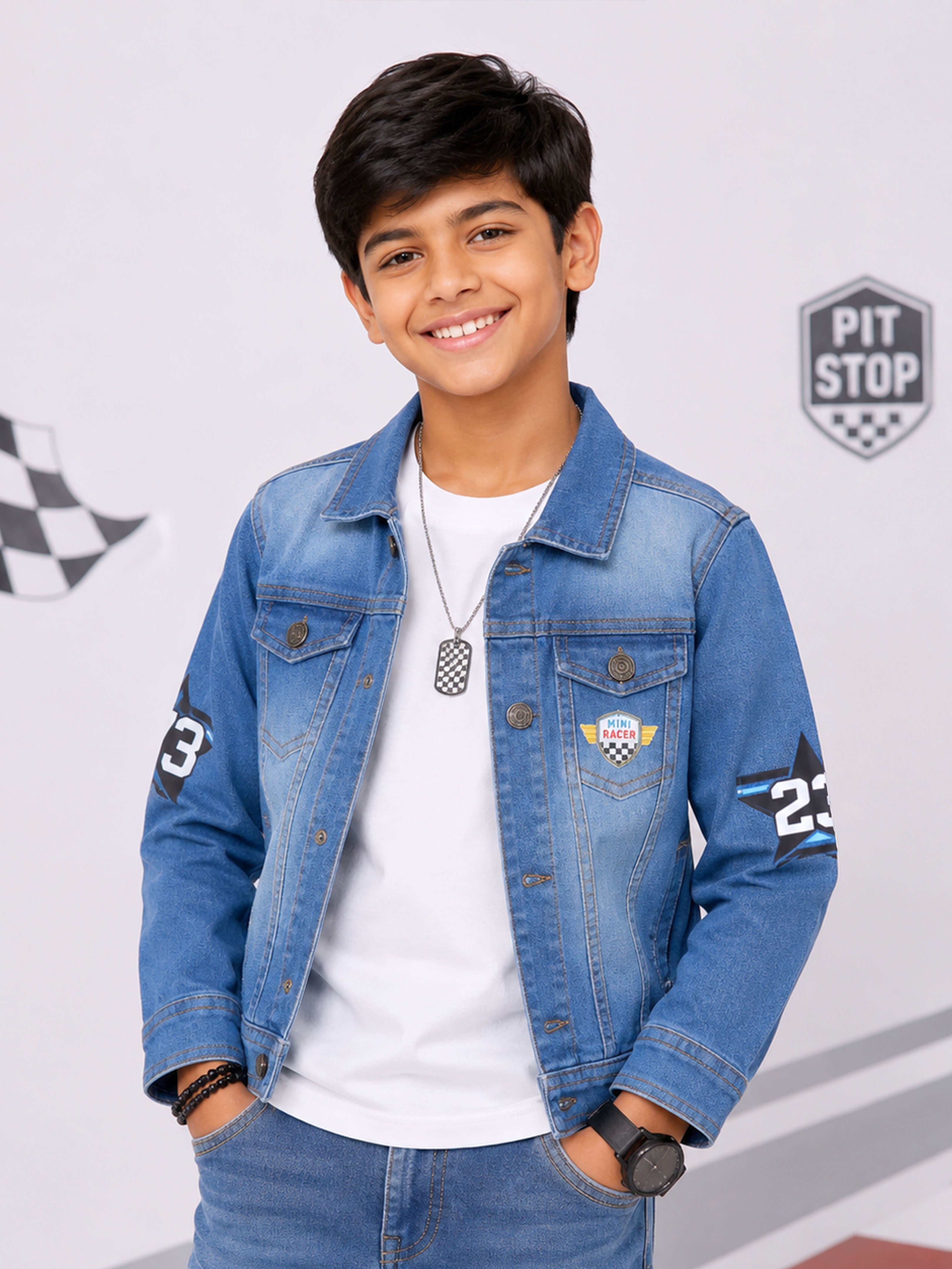 Kiddopanti Boys Denim Woven Full Sleeves Ghraphic and Badges Details Jacket