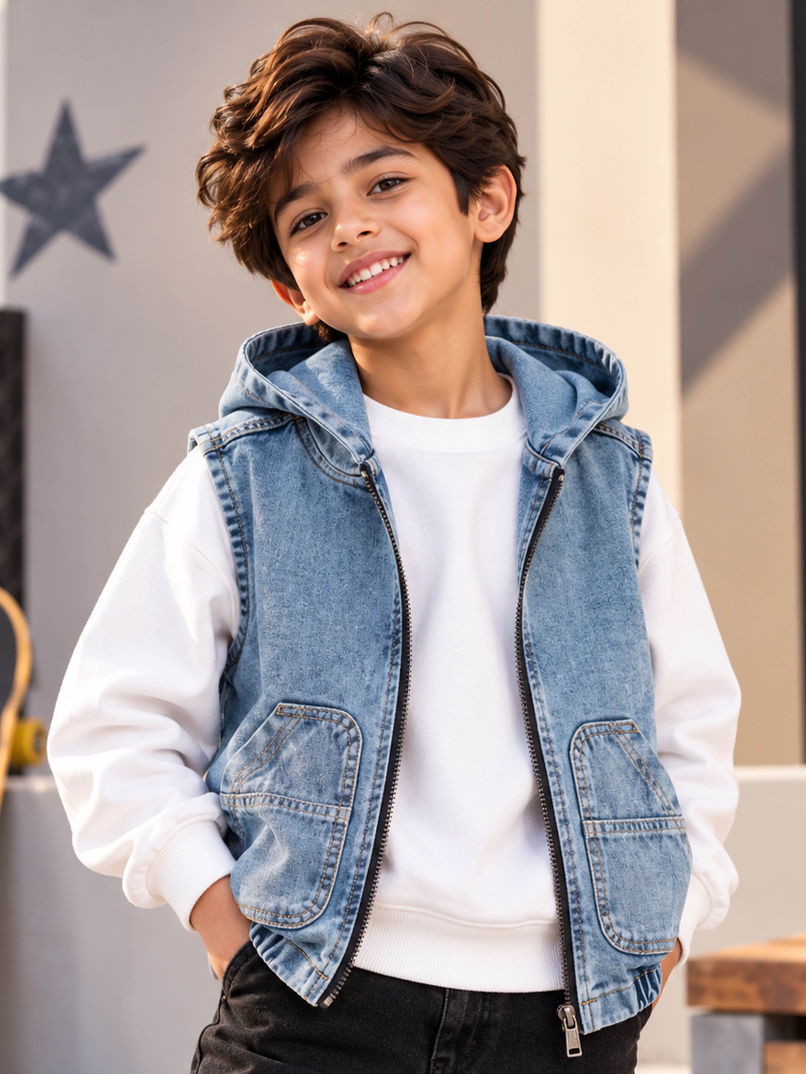 Kiddopanti Boys Denim Woven Sleeveless Hooded Denim Jacket With Patch Pocket