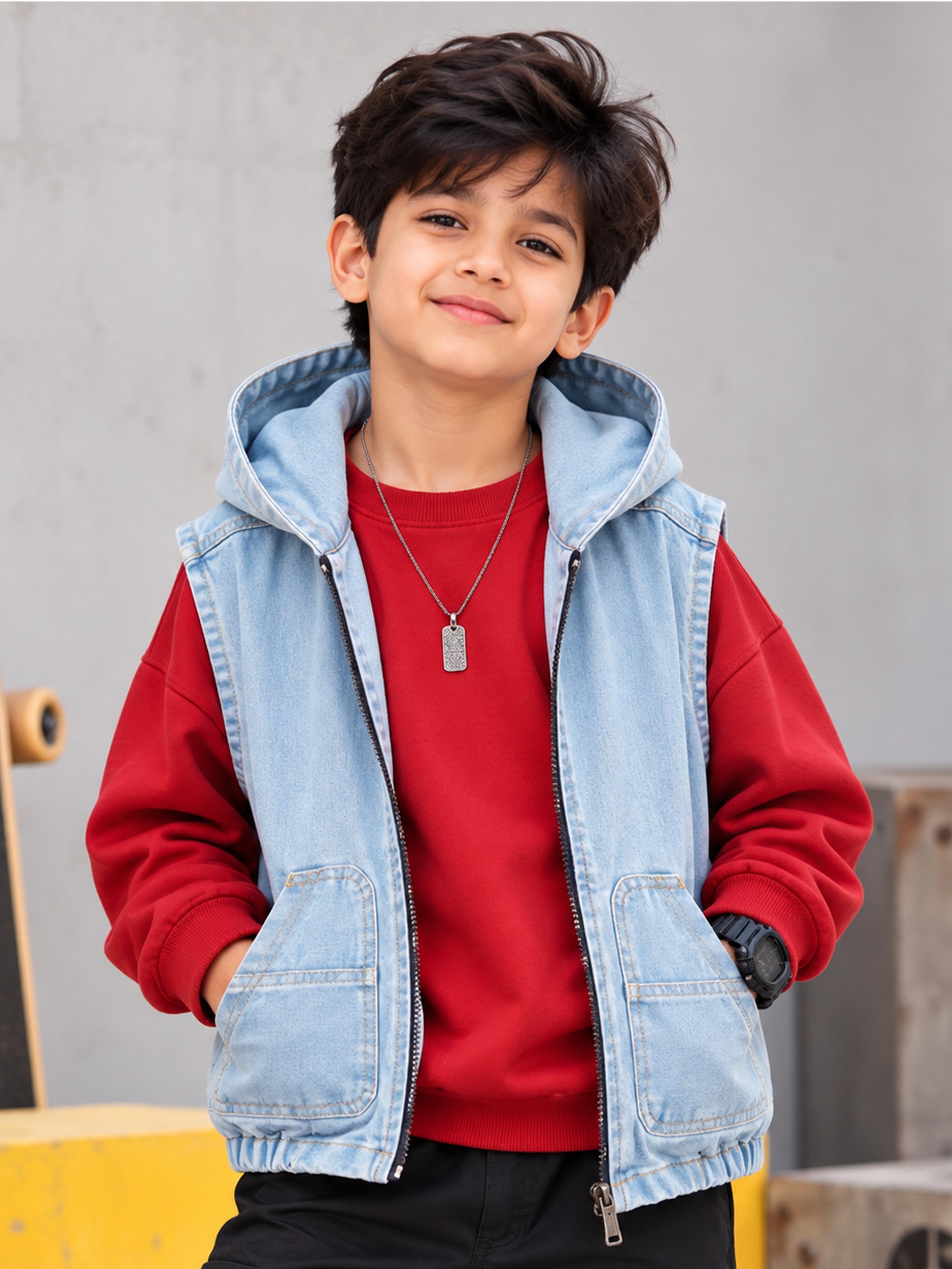 Kiddopanti Boys Denim Sleeveless Solid Hooded Denim Jacket With Patch Pocket