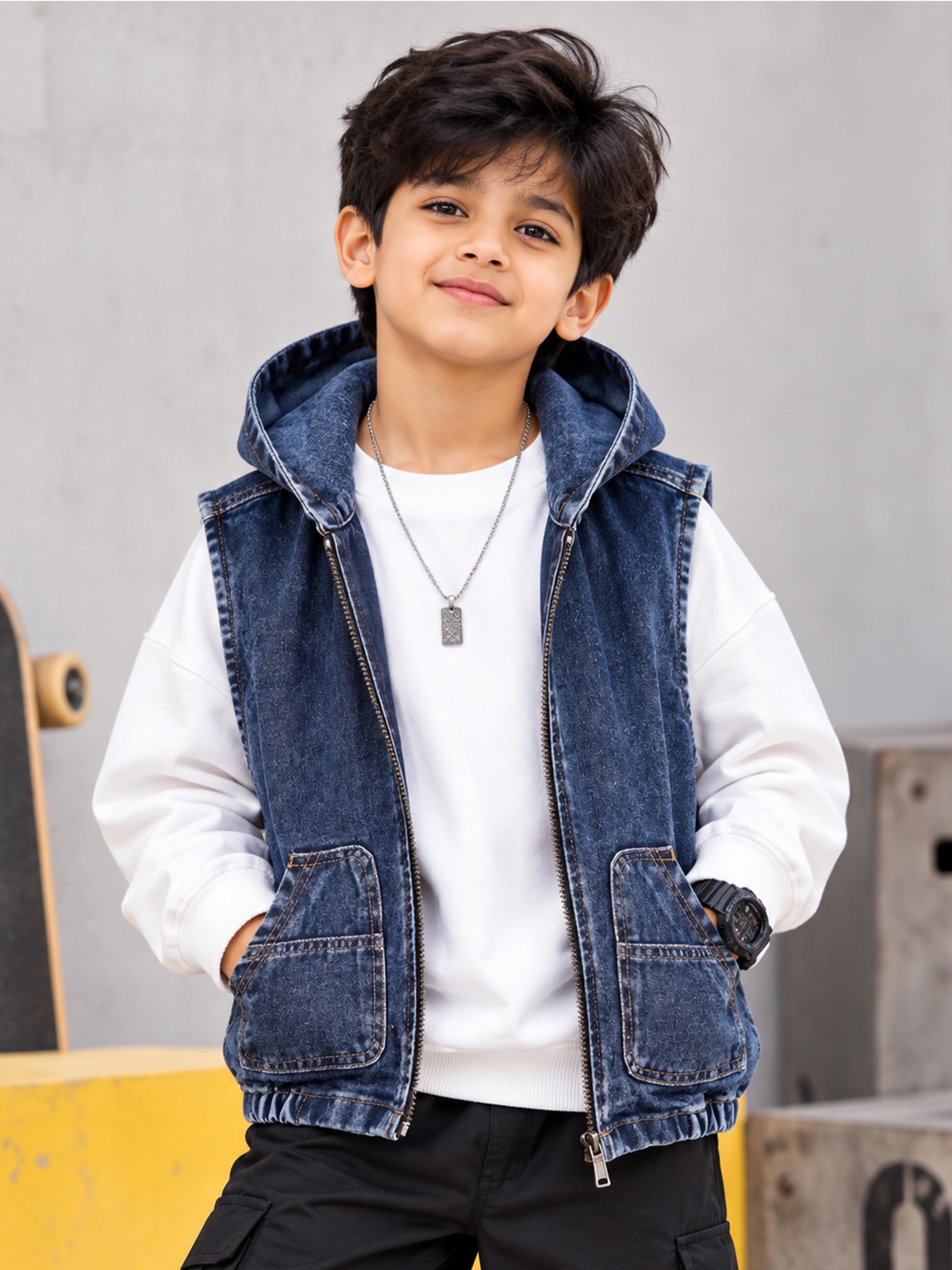 Kiddopanti Boys Denim Woven Sleeveless Hooded Denim Jacket With Patch Pocket