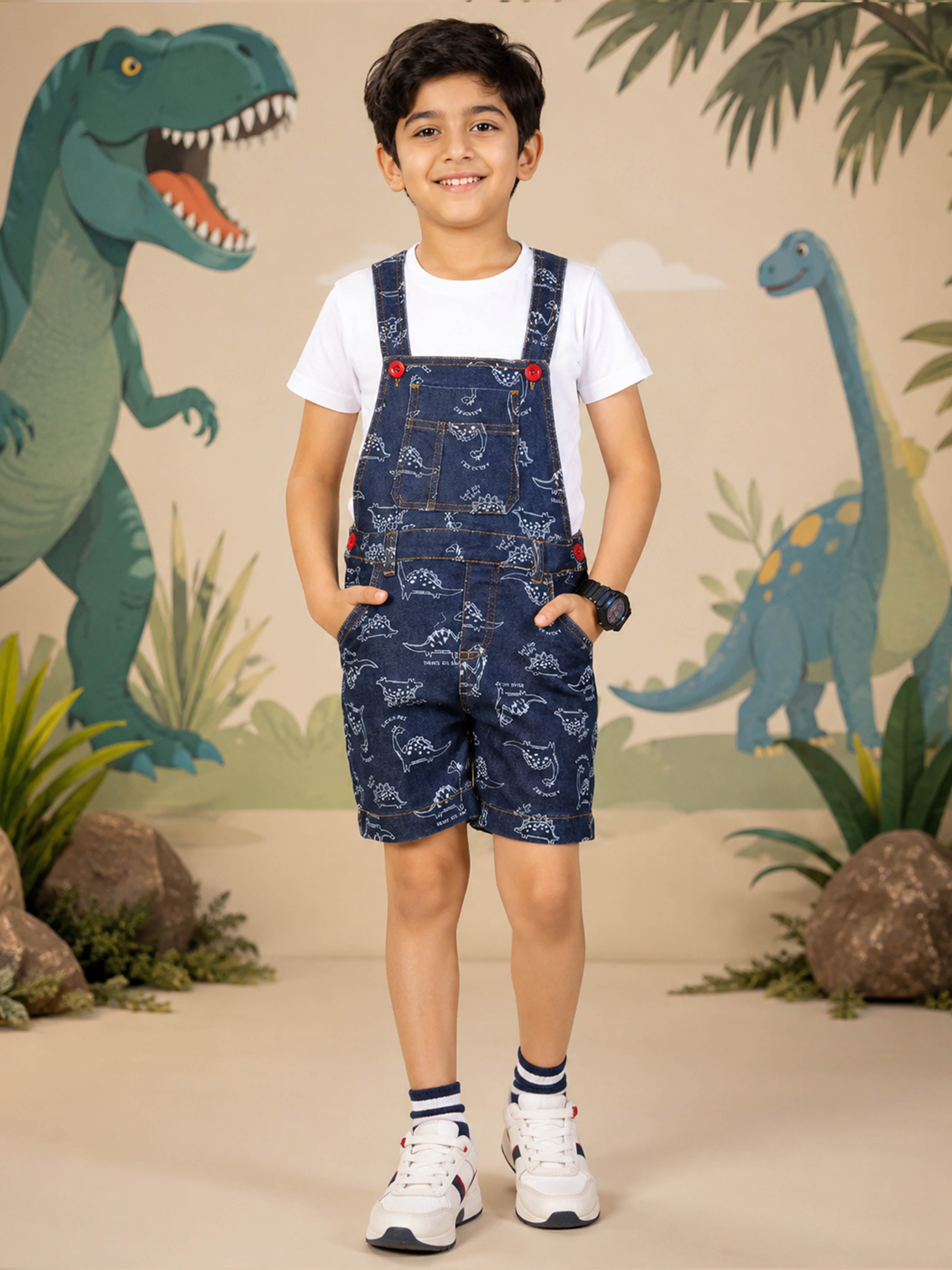 Kiddopanti Boys Denim Printed Dungaree Shorts