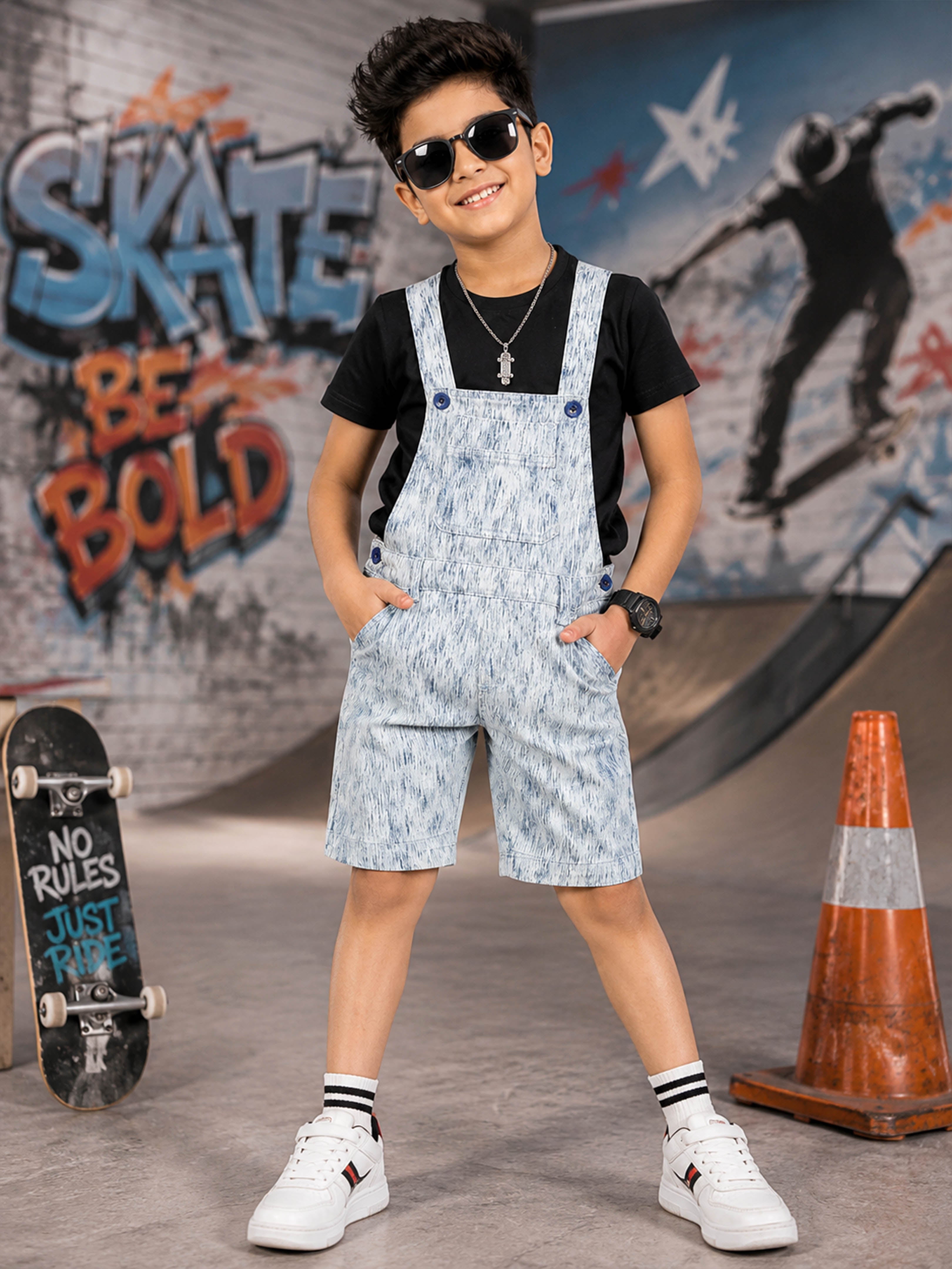 Kiddopanti Boys Denim Printed Dungaree Shorts