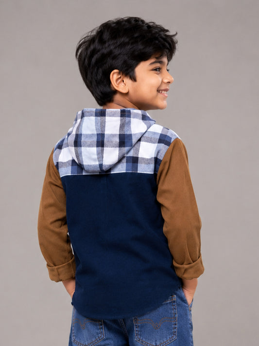 Kiddopanti Boys Cotton Woven Colour Block Corduroy Hooded Jacket with Check Yoke & Contrast Flap Pockets