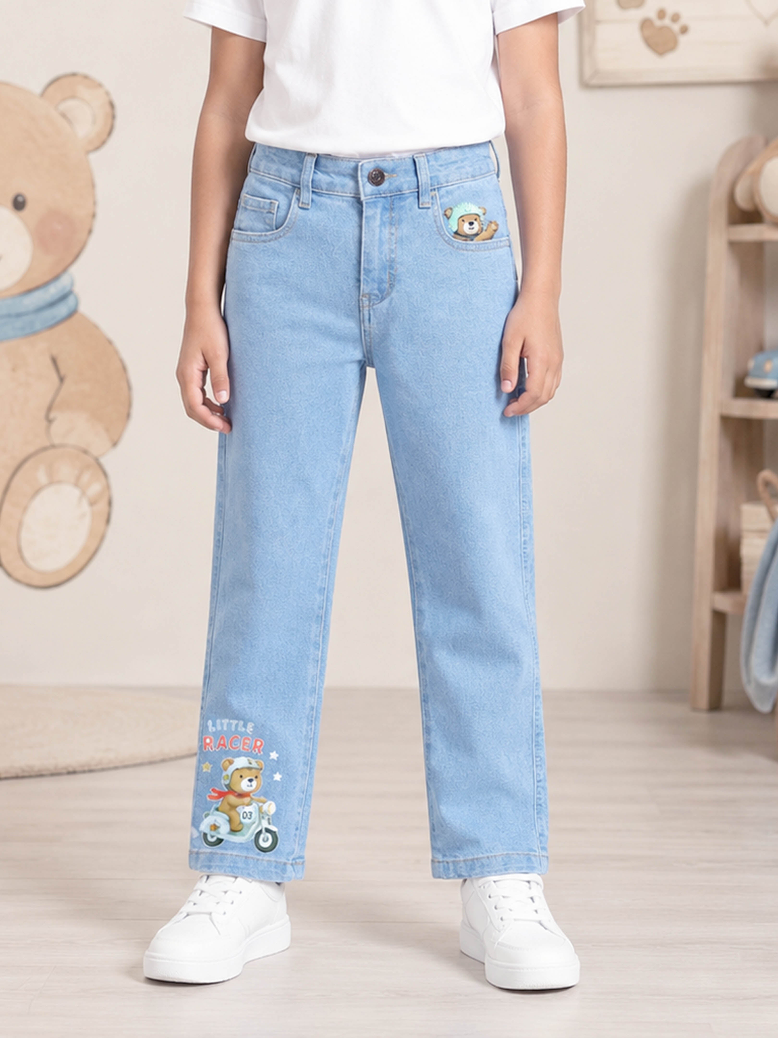 Kiddopanti Boys Denim Woven Graphic Printed Button Elasticated Waist Jeans