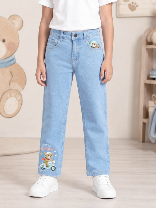 Kiddopanti Boys Denim Woven Graphic Printed Back Elasticated Waist Jeans