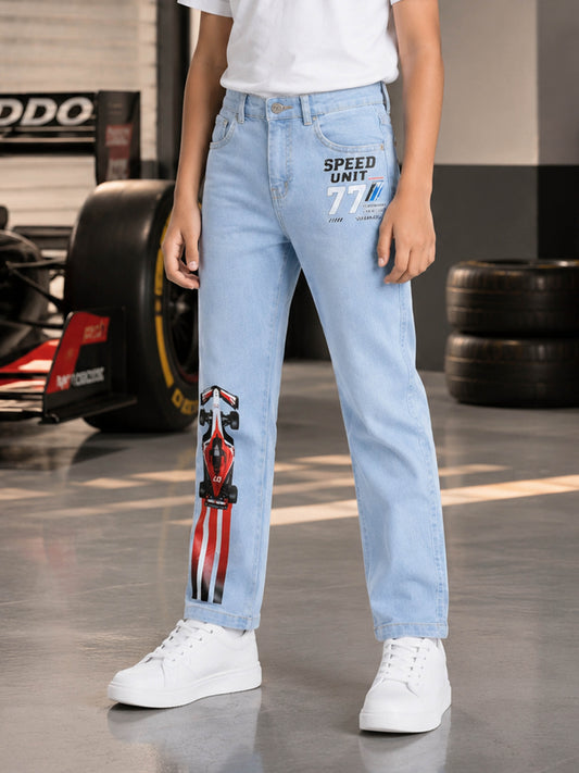 Kiddopanti Boys Denim Woven Graphic Printed Back Elasticated Waist Jeans