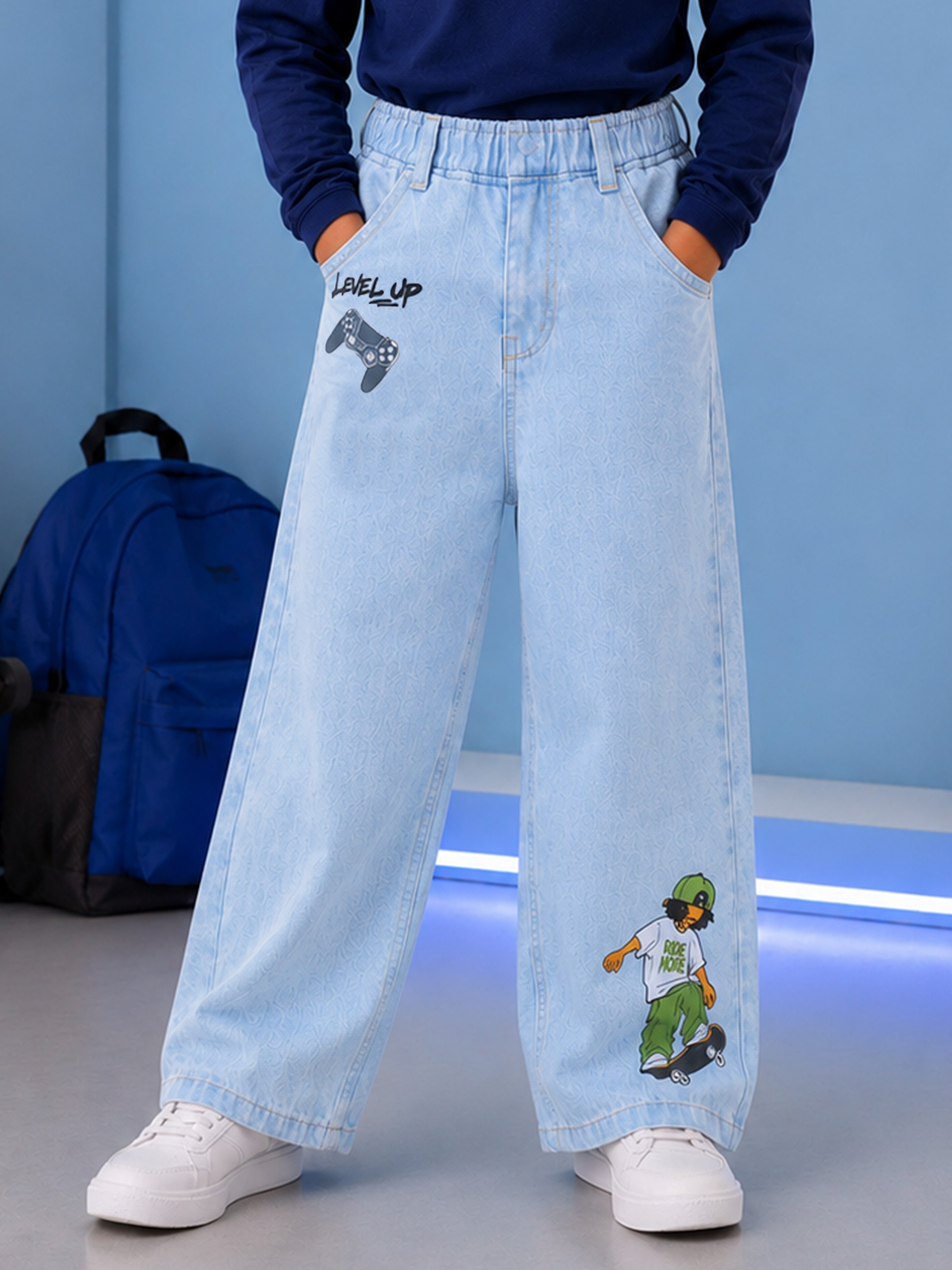 Kiddopanti Boys Denim Woven Graphic Printed Baggy Fit Denim Jeans