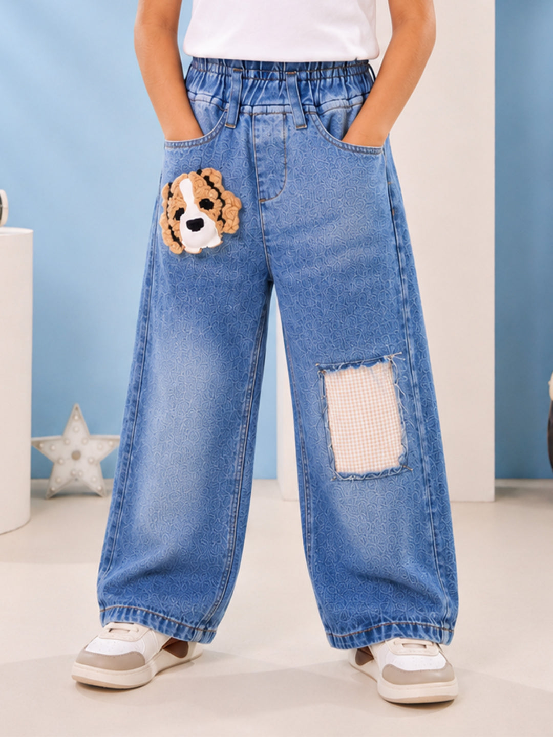 Kiddopanti Boys Denim Woven Baggy Fit Jeans with Puppy Applique & Patch Detail