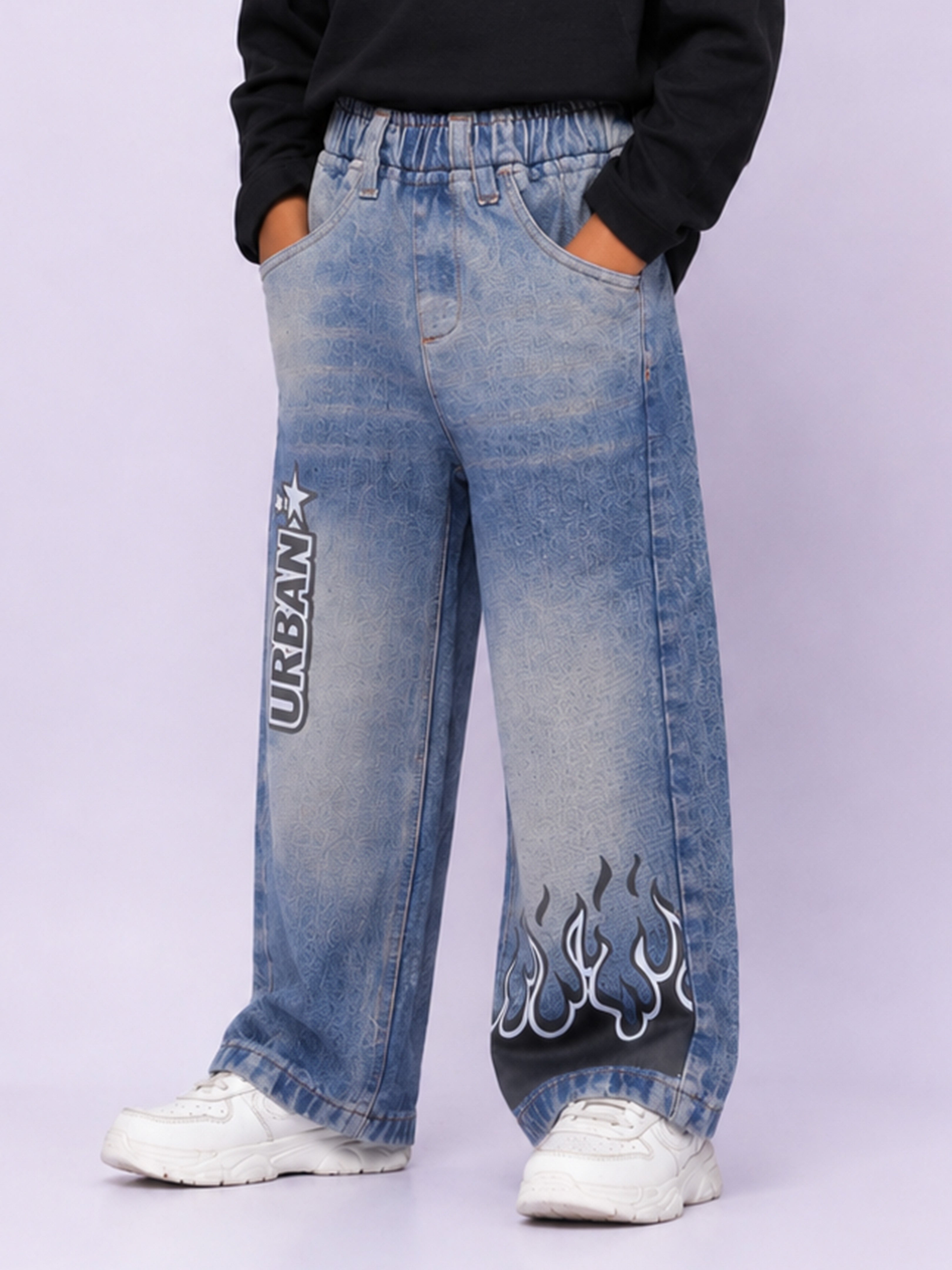Kiddopanti Boys Denim Woven Graphic Printed Baggy Fit Denim Jeans