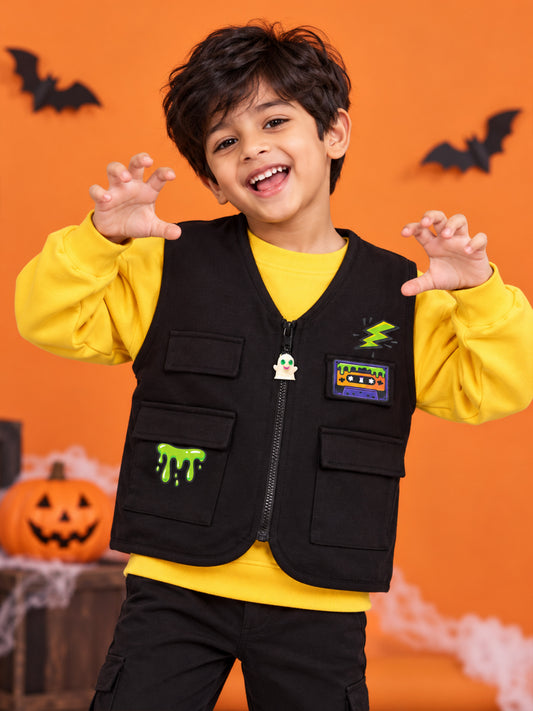 Kiddopanti Boys Cotton Blend Fleece Sleeveless Creepin It Real Ghost Skateboard Graphic Zip Front Cargo Jacket with Flap Pockets