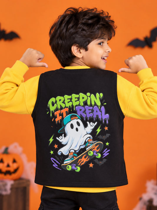 Kiddopanti Boys Cotton Blend Fleece Sleeveless Creepin It Real Ghost Skateboard Graphic Zip Front Cargo Jacket with Flap Pockets