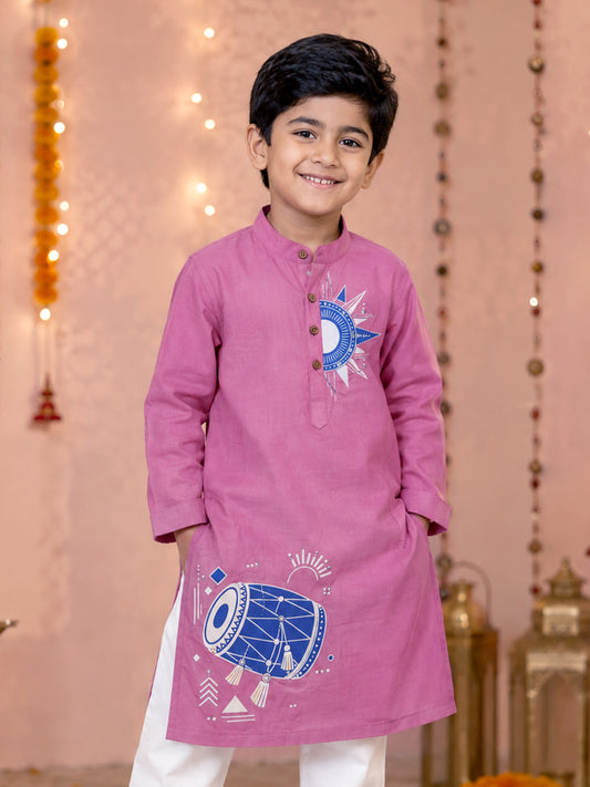 Kiddopanti Boys Rayon Woven Dhol Graphic Printed Traditional Ethnic Long Kurta