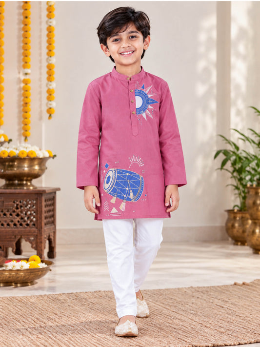 Kiddopanti Boys Rayon Ethnic Dhol Printed Kurta & Pyjama Set