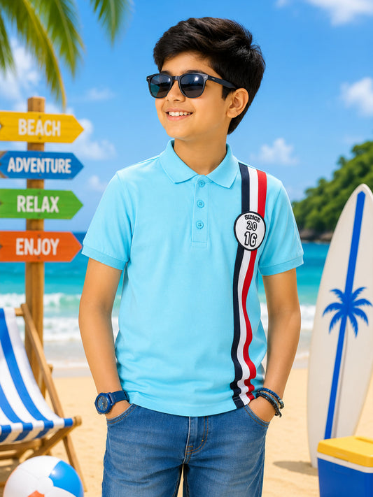 Kiddopanti Boys Cotton Knit Half Sleeves Batch Detailed Printed Polo T-shirt
