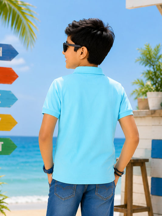 Kiddopanti Boys Cotton Knit Half Sleeves Batch Detailed Printed Polo T-shirt