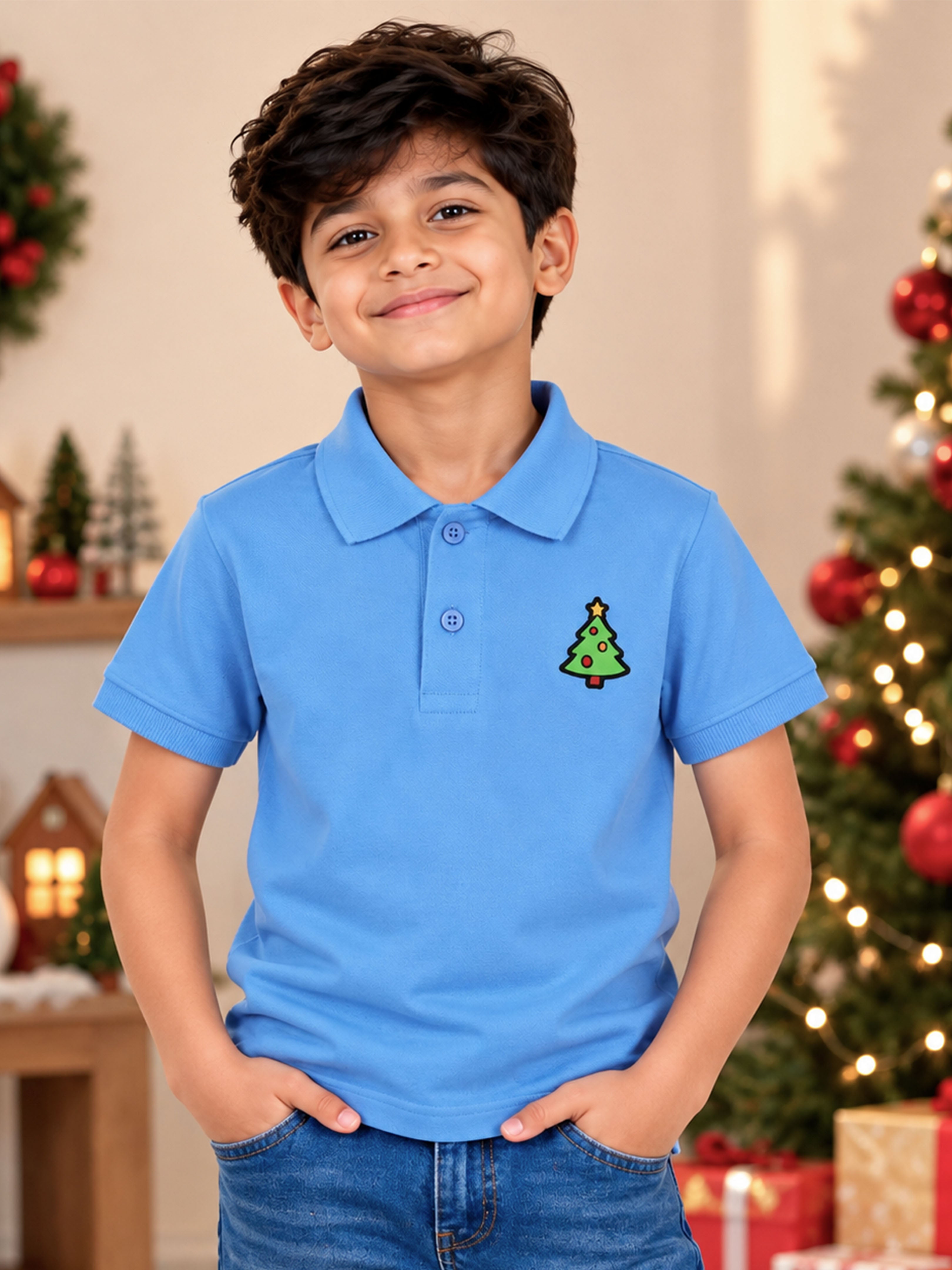 Kiddopanti Boys Cotton Knit Half Sleeves Badges Graphic Printed Pique Polo T-Shirt