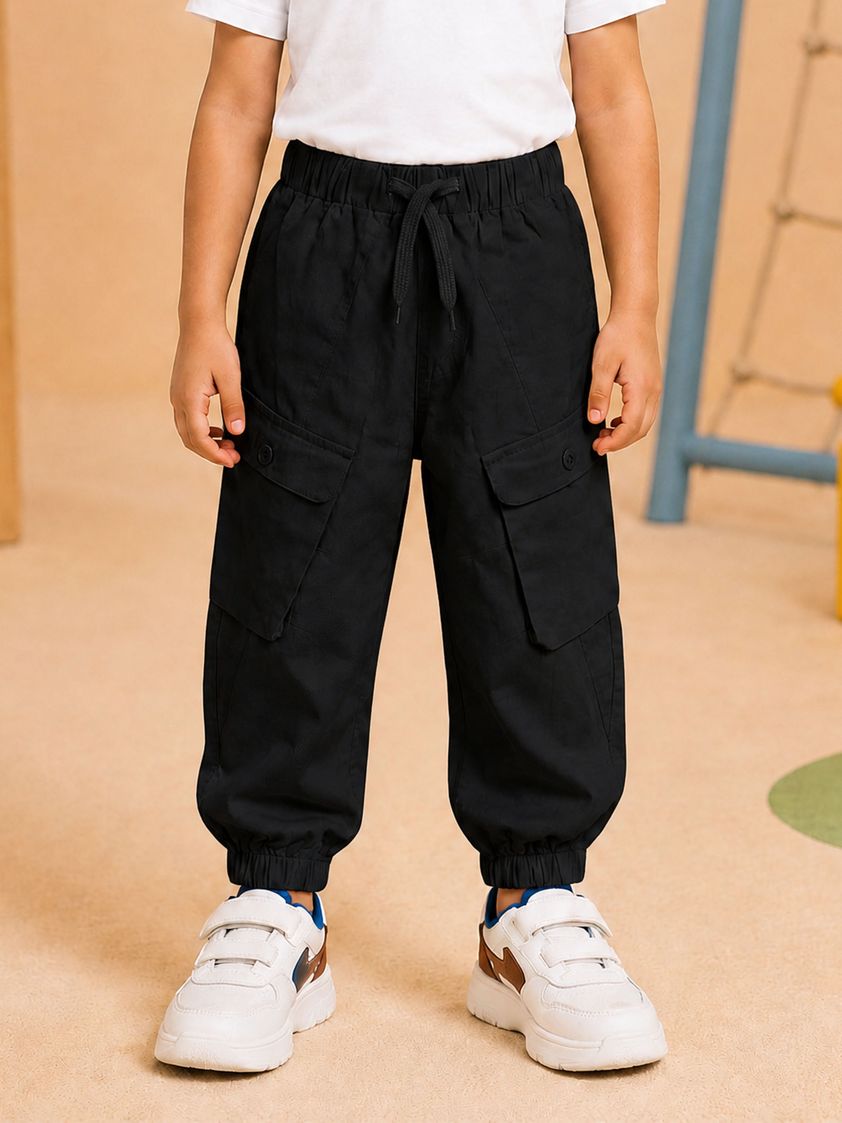 Kiddopanti Boys Cotton Woven Cargo Balloon Pants with Elasticated Waist & Hem