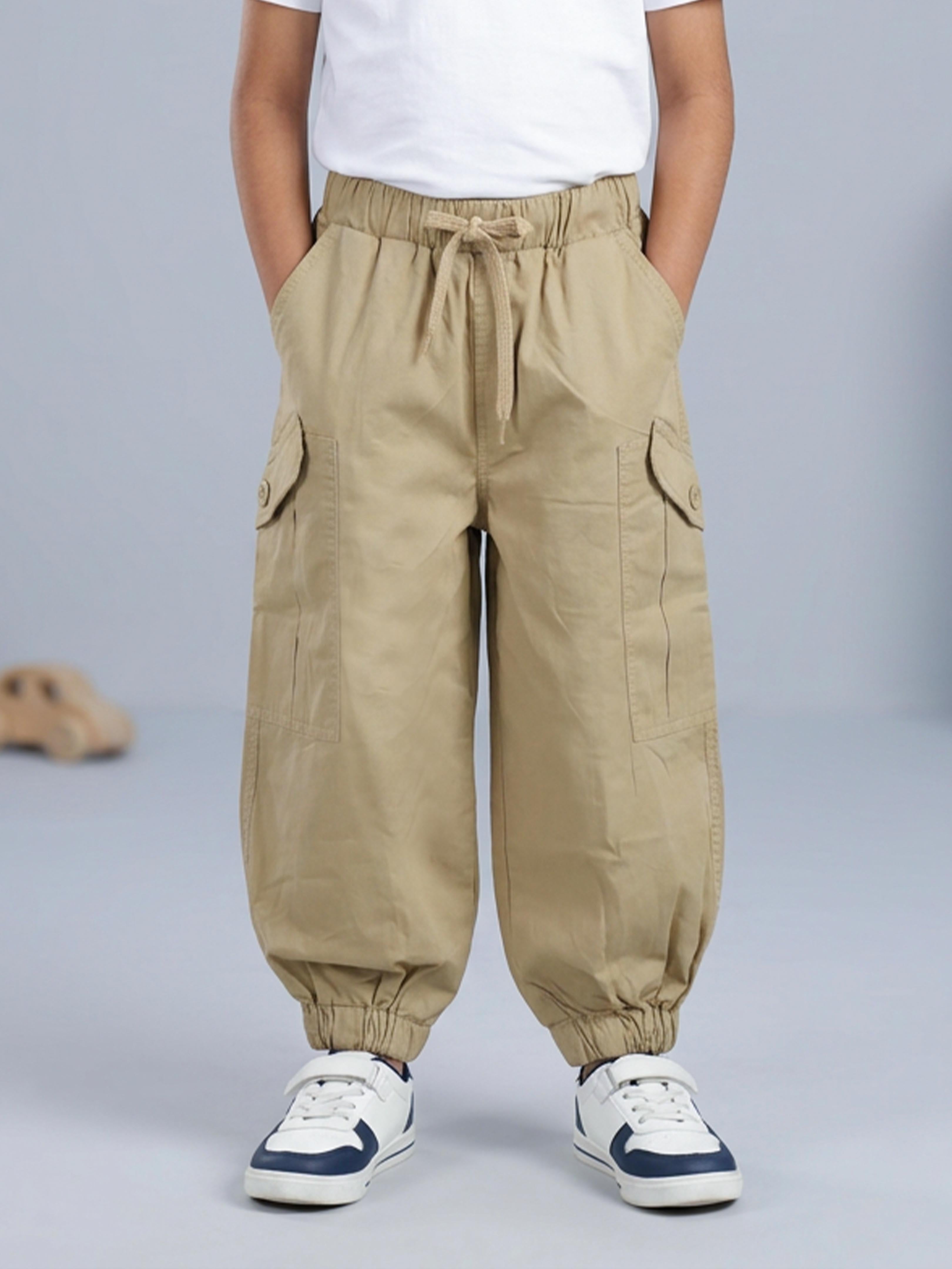 Kiddopanti Boys Cotton Woven Solid Parachute Fit Cargo Pants with Utility Flap Pockets