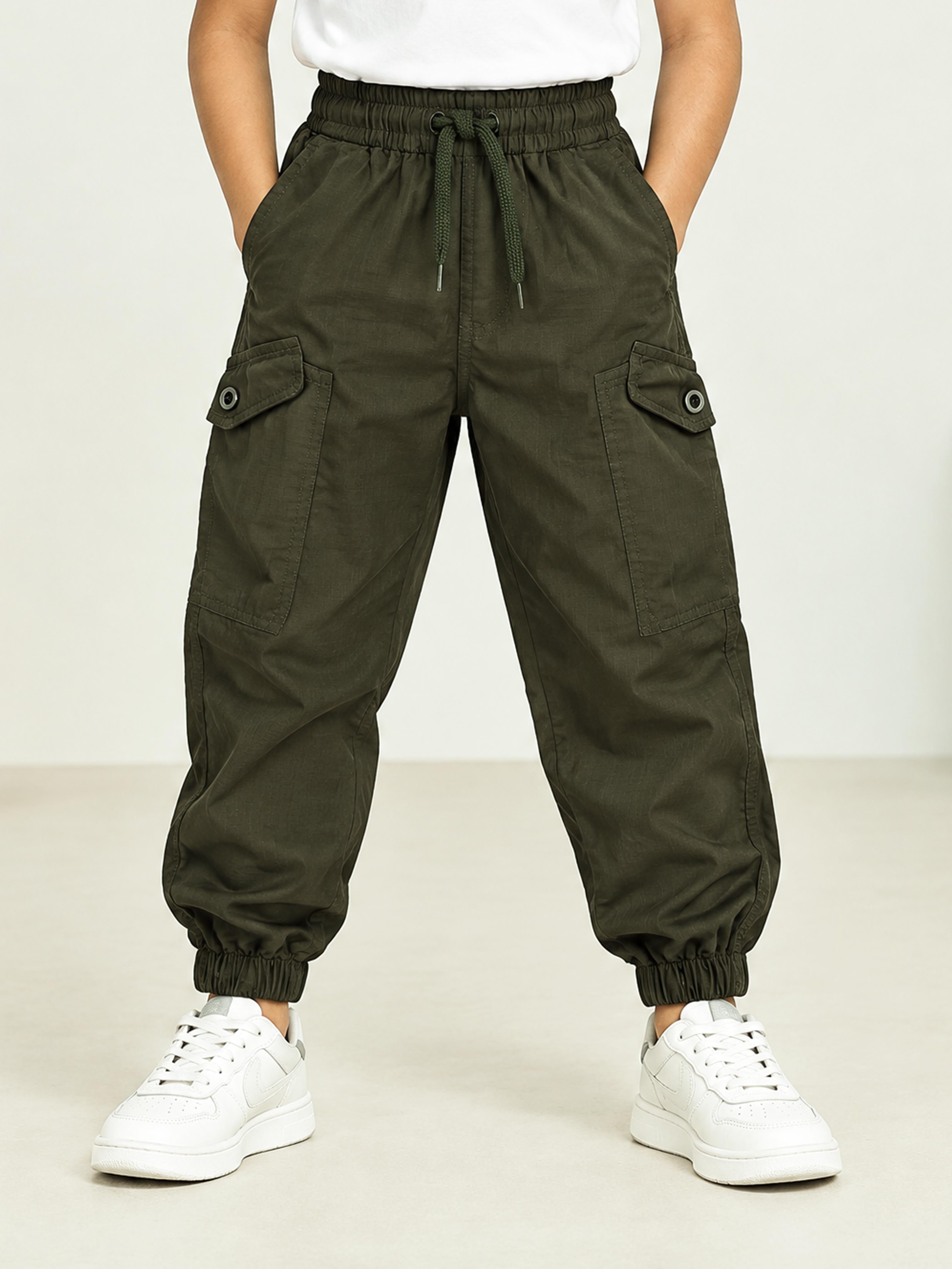 Kiddopanti Boys Cotton Woven Solid Parachute Fit Cargo Pants with Utility Flap Pockets