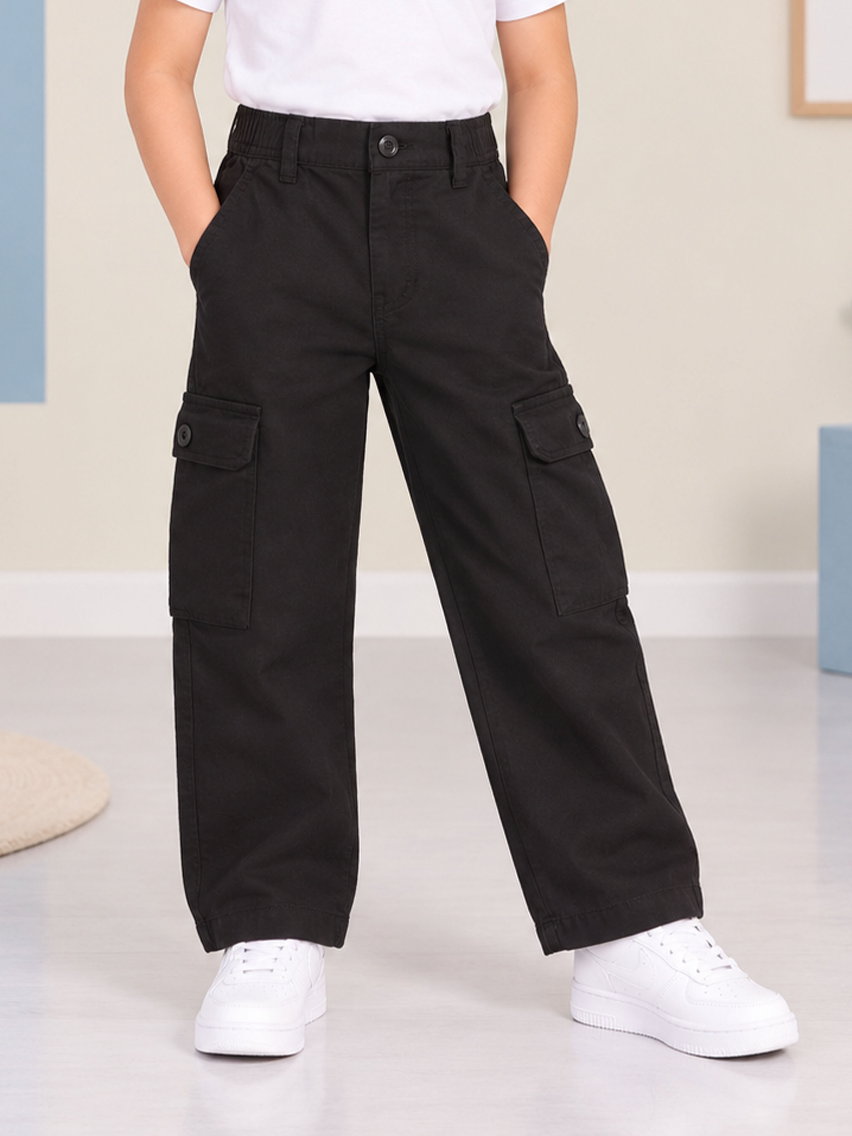 Kiddopanti Boys Cotton Cargo Pants with Elasticated Waist & Utility Flap Pockets