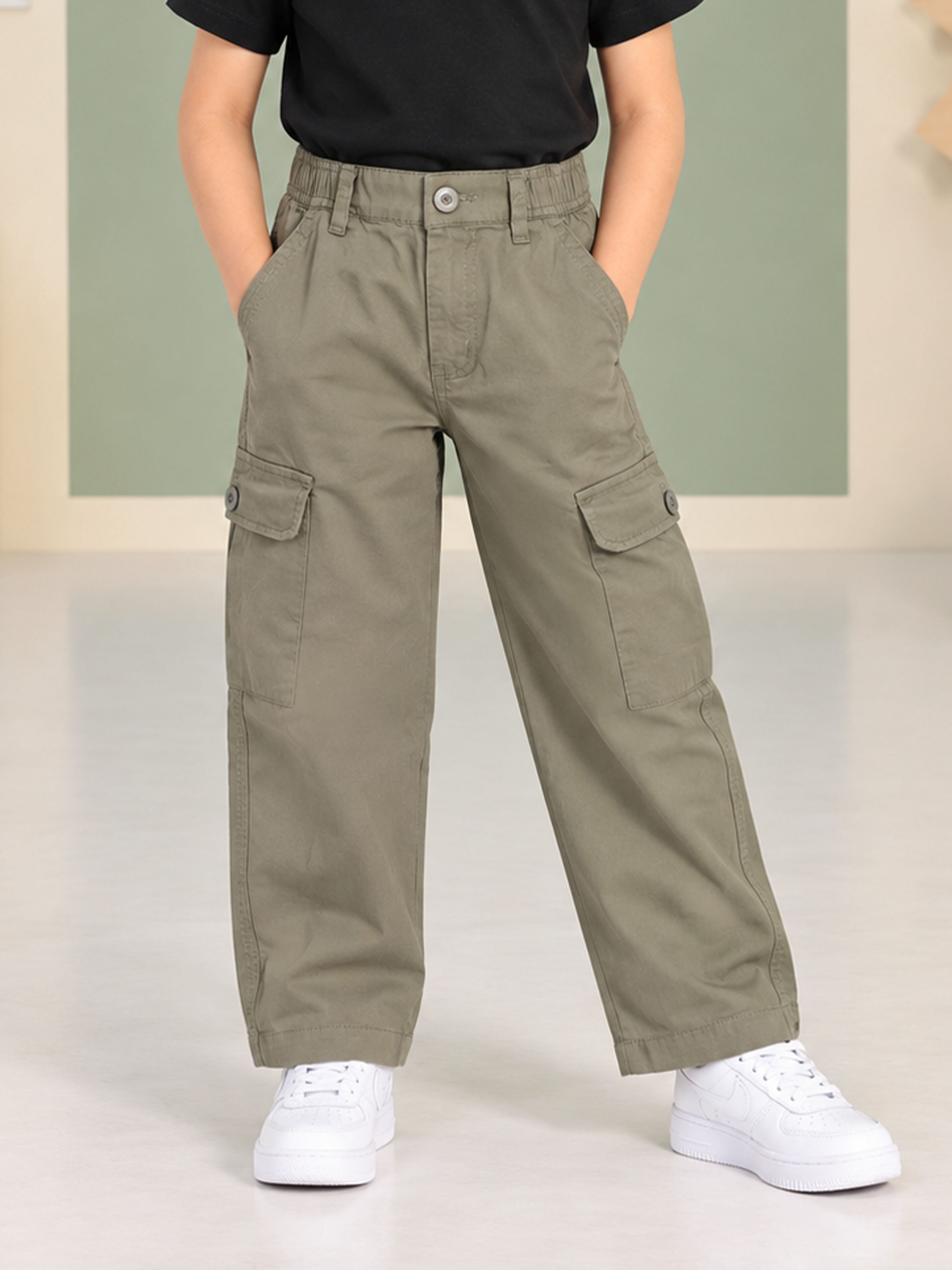 Kiddopanti Boys Cotton Cargo Pants with Elasticated Waist & Utility Flap Pockets