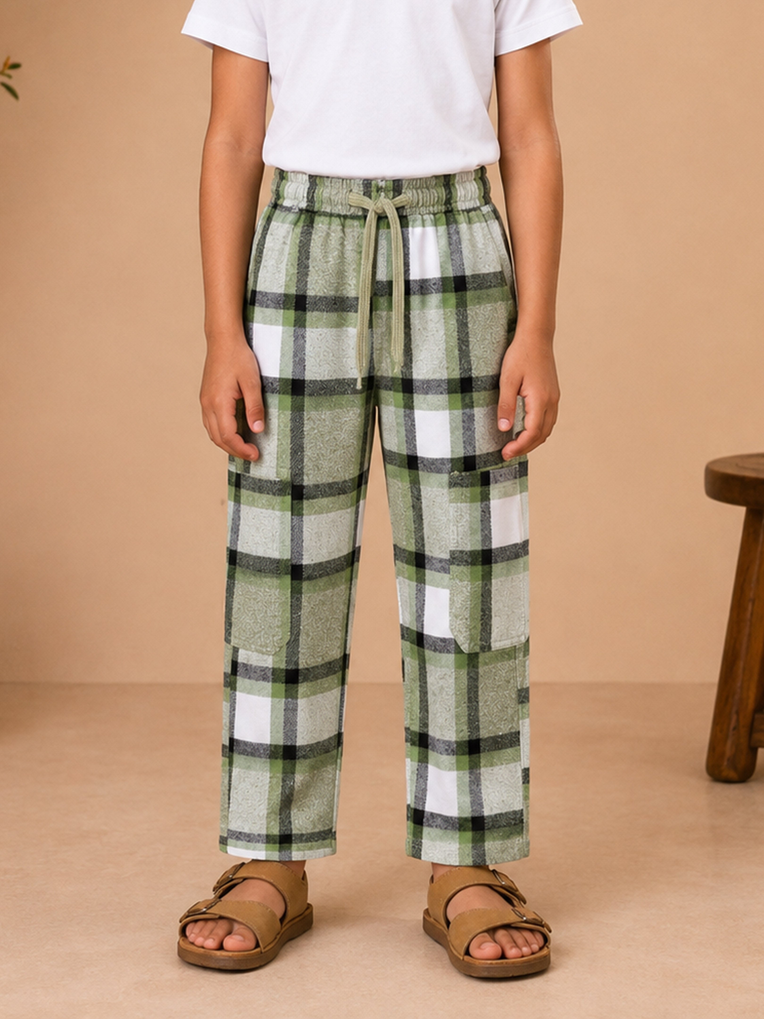 Kiddopanti Boys Cotton Woven Checks Printed Elasticated Waist Regular Fit Cargo Pants