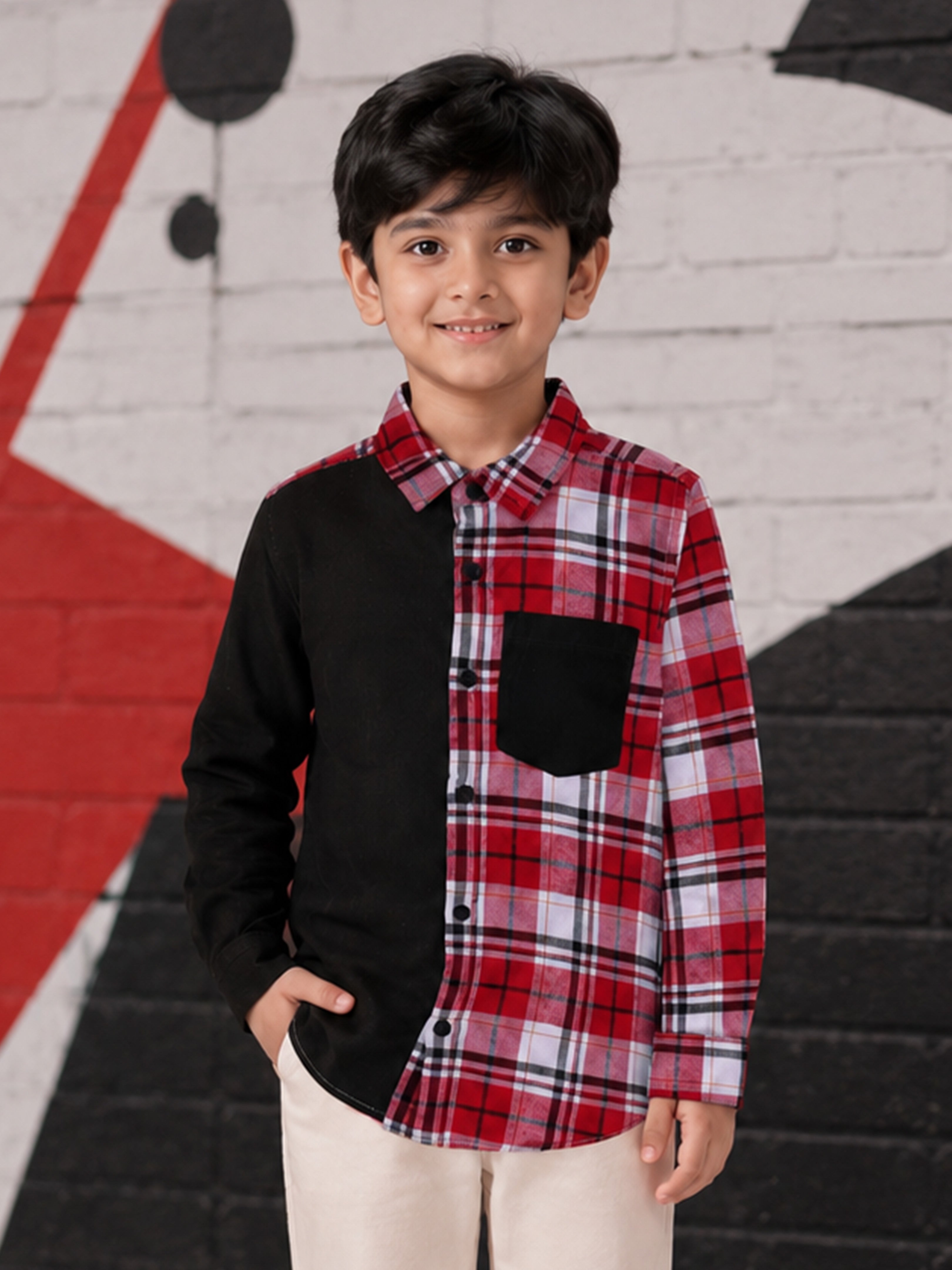 Kiddopanti Boys Cotton woven Full Sleeves Corduroy & Check Shirt with Contrast Pocket