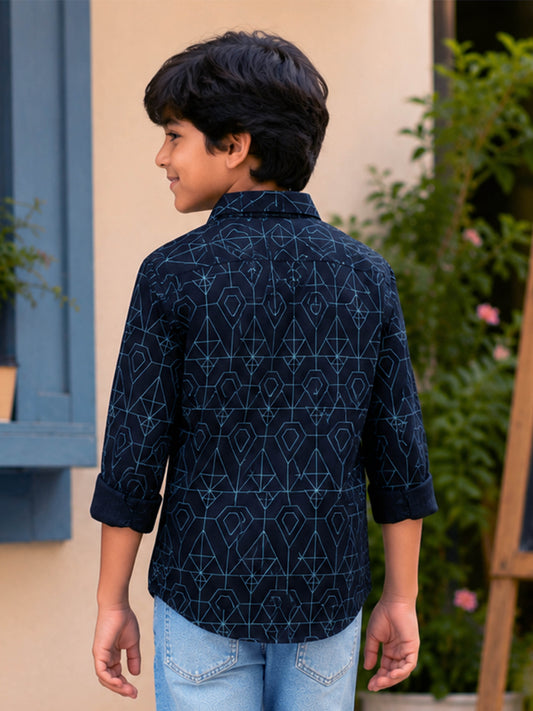 Kiddopanti Boys Cotton Woven Full Sleeves Diamond Printed Shirt