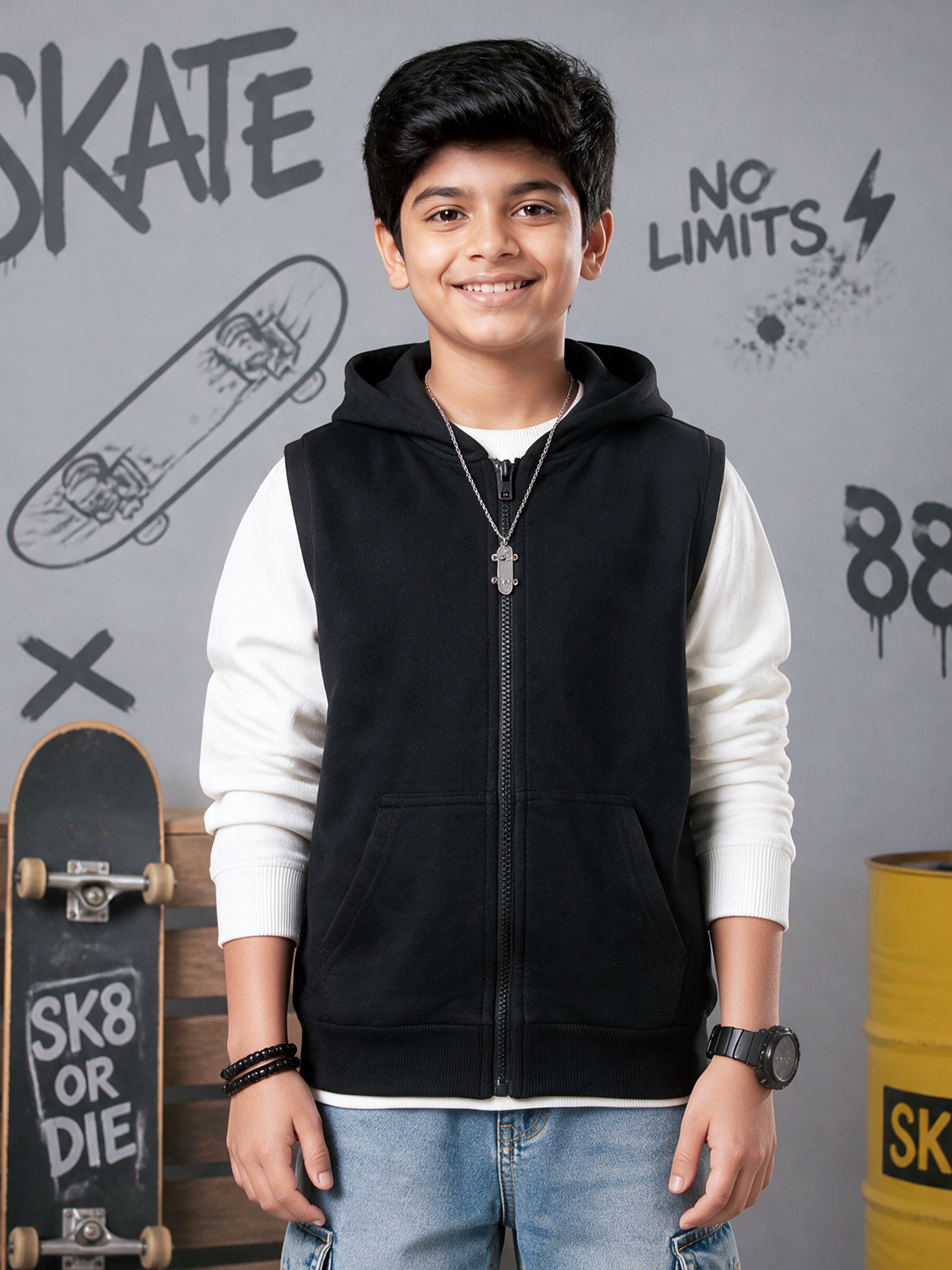 Kiddopanti Boys Cotton Blend Fleece Solid Sleeveless Zip Front Hooded Sweat Jacket with Kangaroo Pocket
