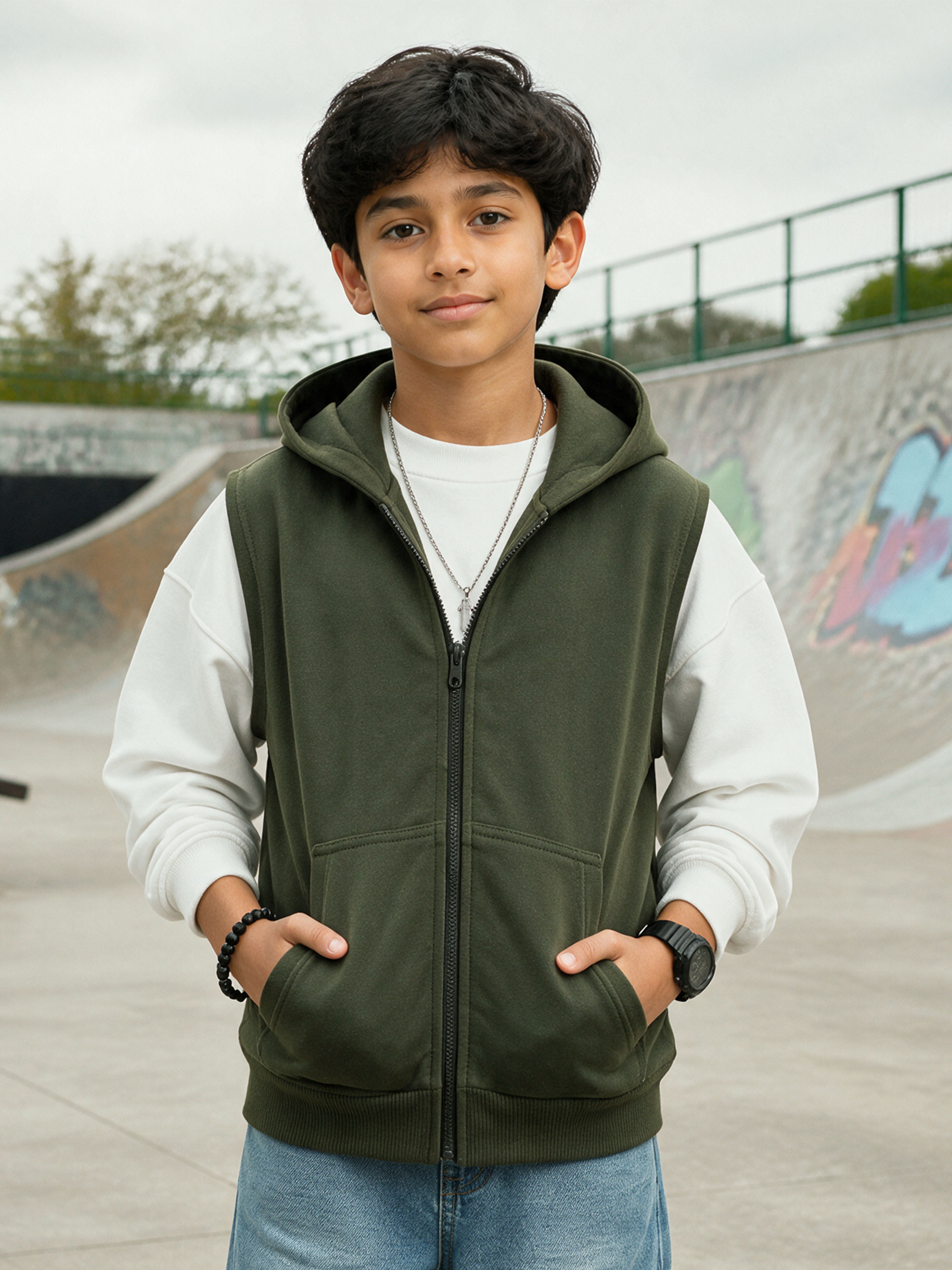 Kiddopanti Boys Cotton Blend Fleece Solid Sleeveless Zip Front Hooded Sweat Jacket with Kangaroo Pocket
