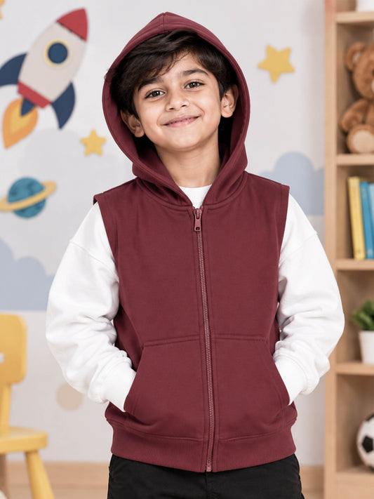 Kiddopanti Boys Cotton Blend Fleeve Sleeveless Solid Zip Front Hooded Sweat Jacket with Kangaroo Pocket