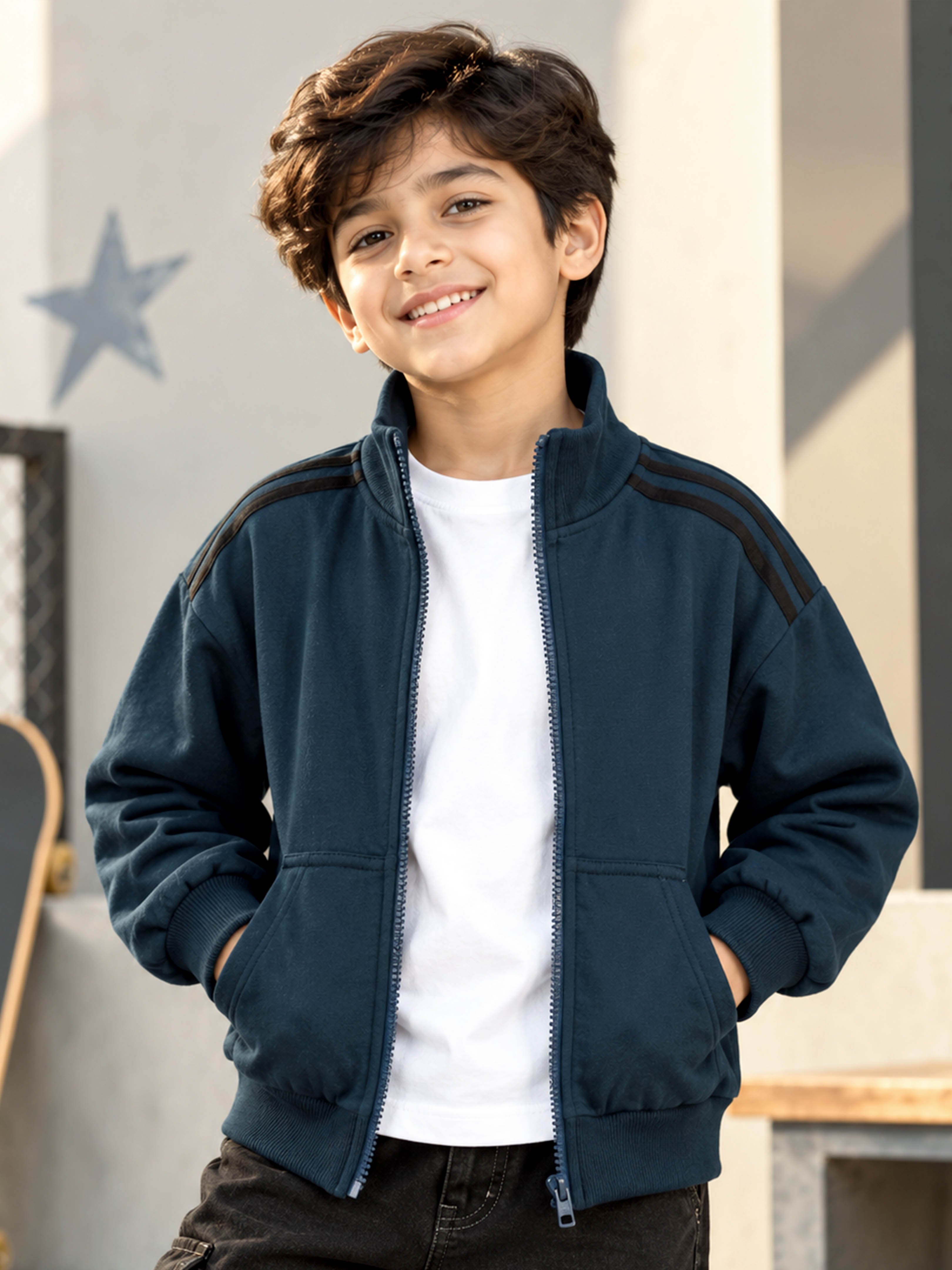 Kiddopanti Boys Cotton Blend Fleece Drop Shoulder Sleeves Solid Zip Front Sweatshirt with Shoulder Stripe Tape