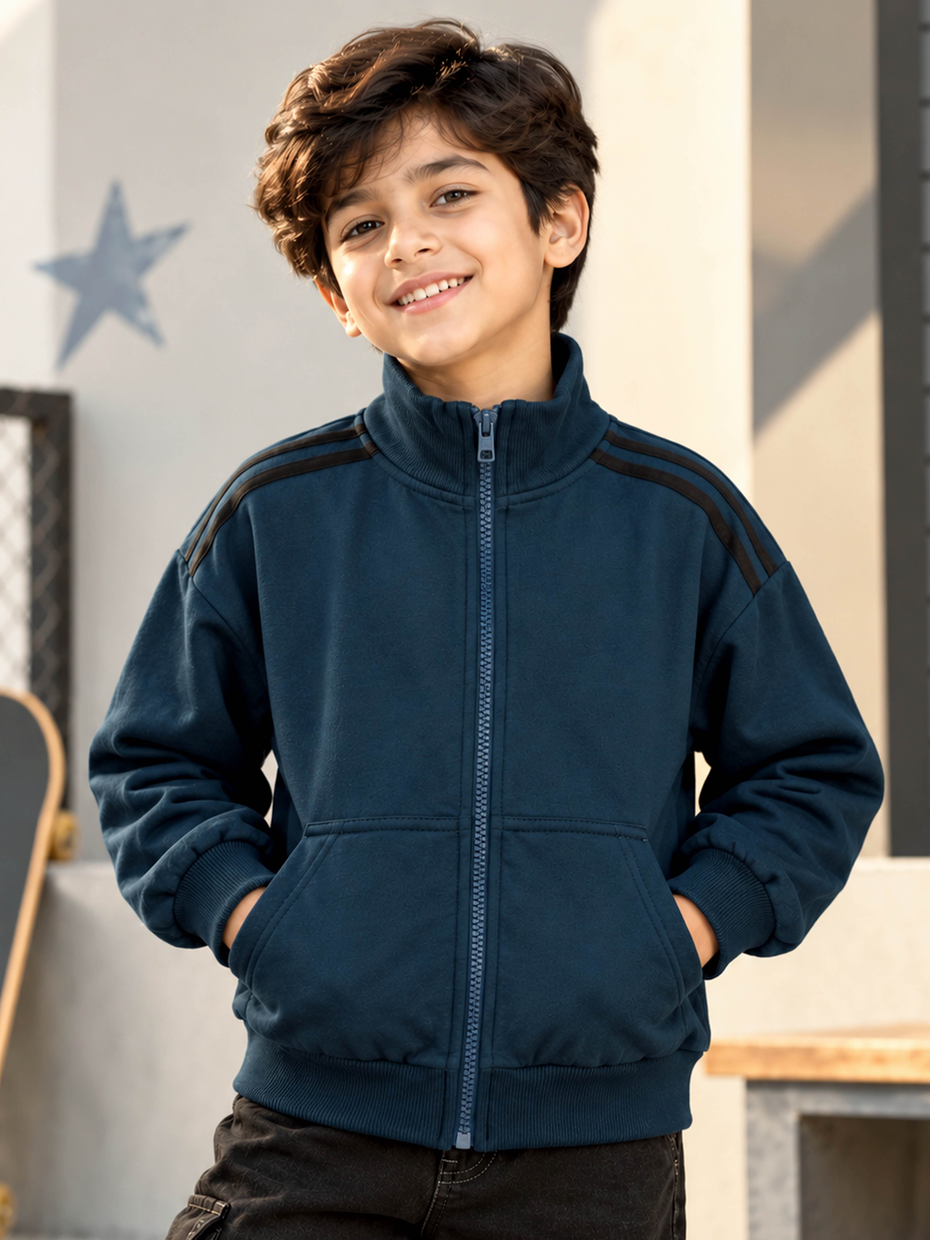 Kiddopanti Boys Cotton Blend Fleece Drop Shoulder Sleeves Solid Zip Front Sweatshirt with Shoulder Stripe Tape
