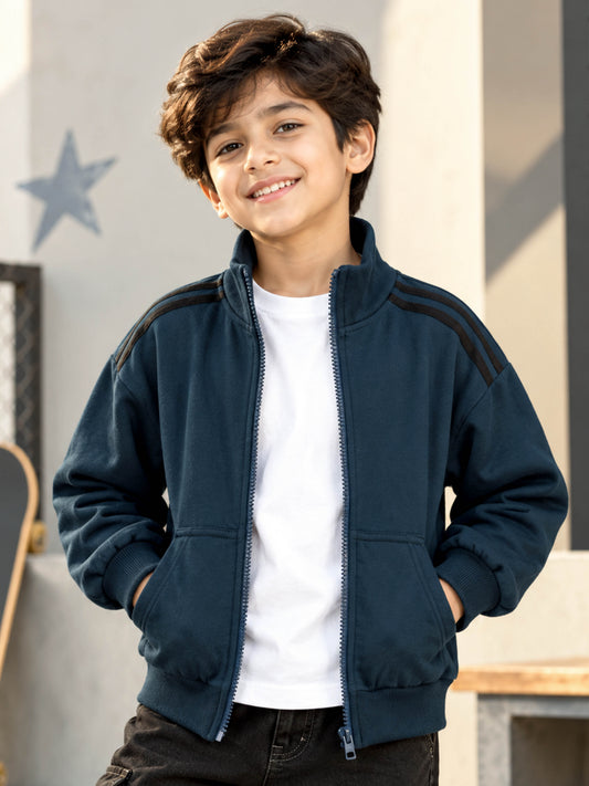 Kiddopanti Boys Cotton Blend Fleece Drop Shoulder Sleeves Solid Zip Front Sweatshirt with Shoulder Stripe Tape