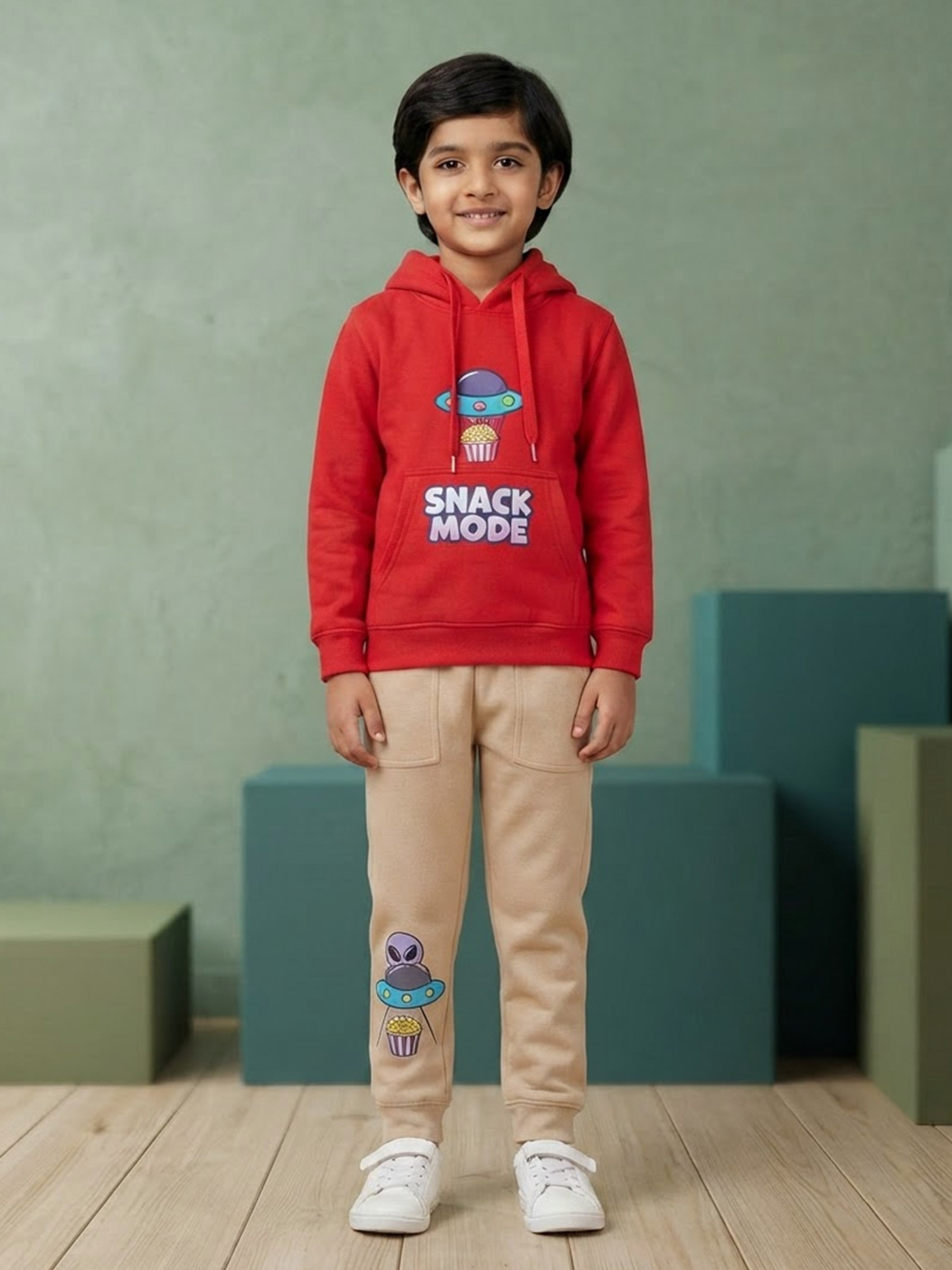 Kiddopanti Boys Cotton Blend Fleece Full Sleeves Hooded Sweatshirt & Graphic Printed Track Pants Set