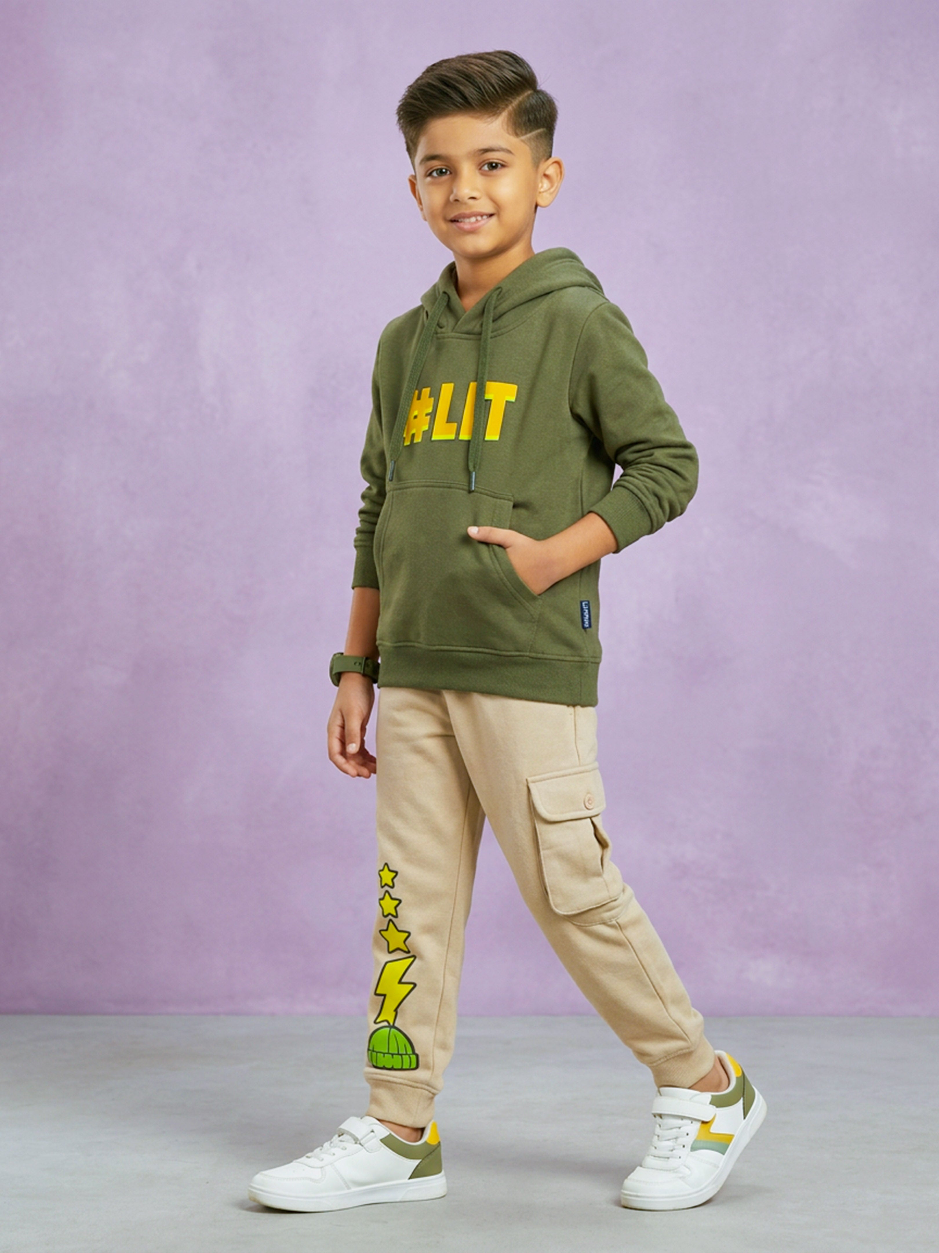 Kiddopanti Boys Cotton Blend Fleece Full Sleeves Hooded Sweatshirt & Graphic Printed Cargo Track Pants Set